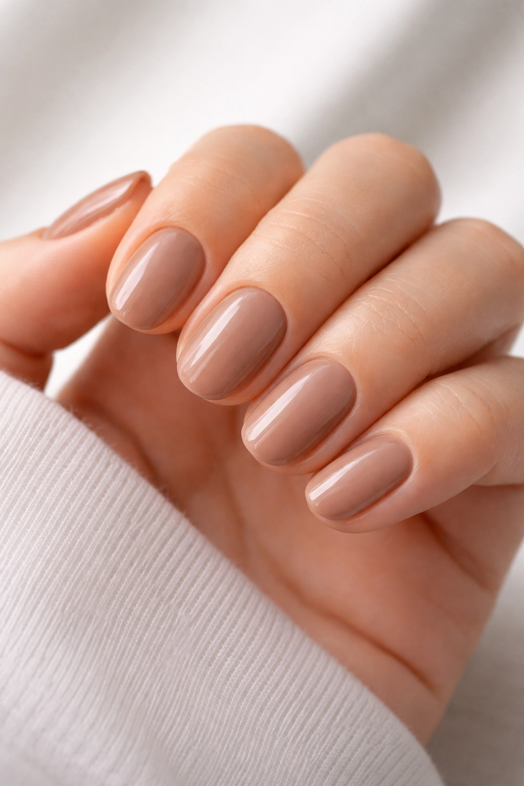 Close-up of soft mocha oval nails with glossy finish