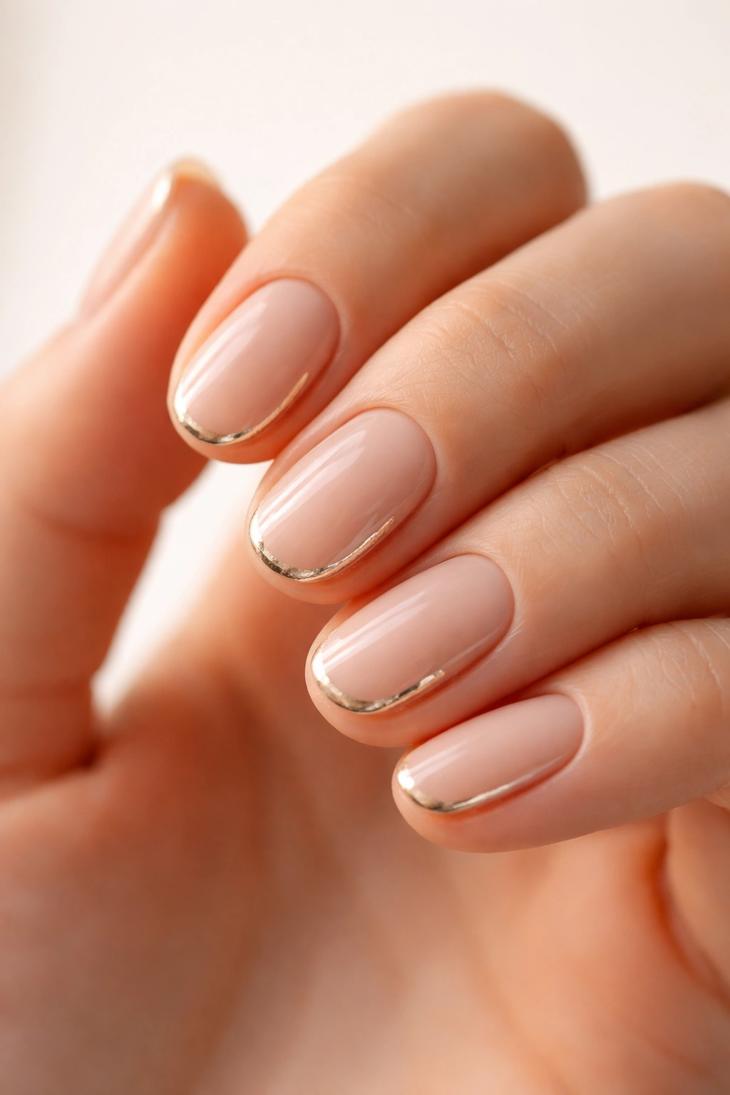 Nude oval nails with a single silver foil stripe