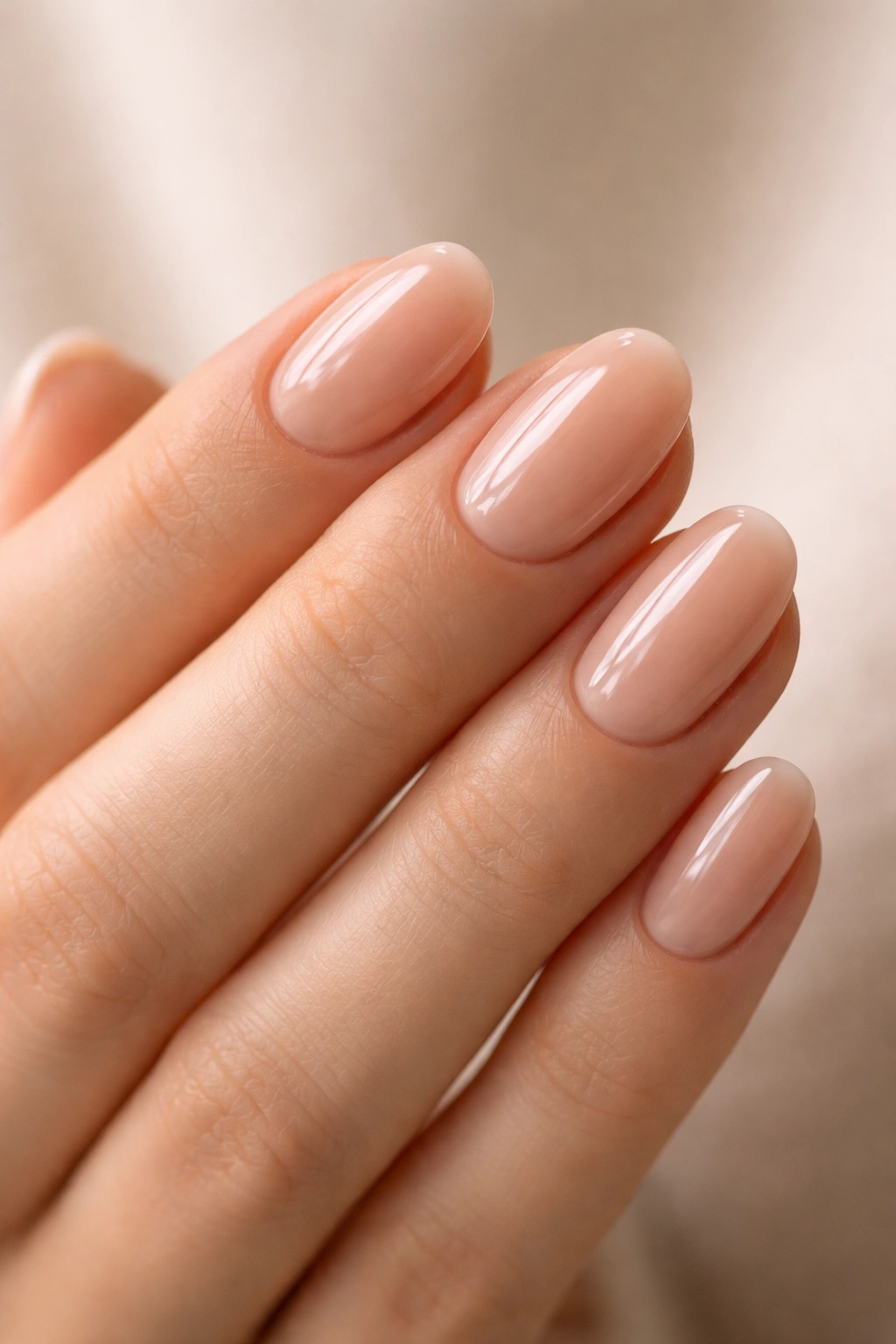 Close-up of short oval acrylic nails in nude gloss with a glassy finish