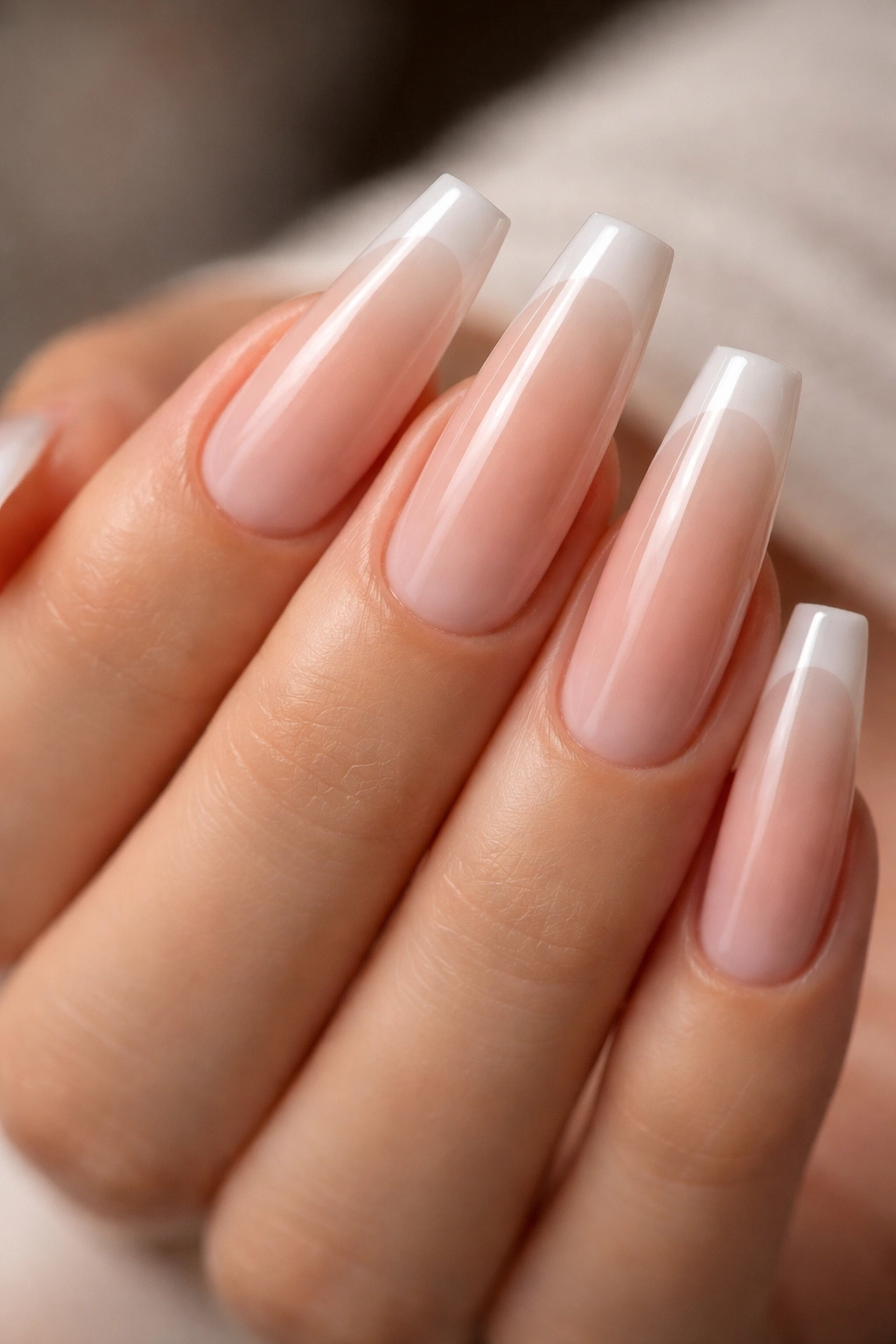 Nude to clear gradient coffin nails with white accent line