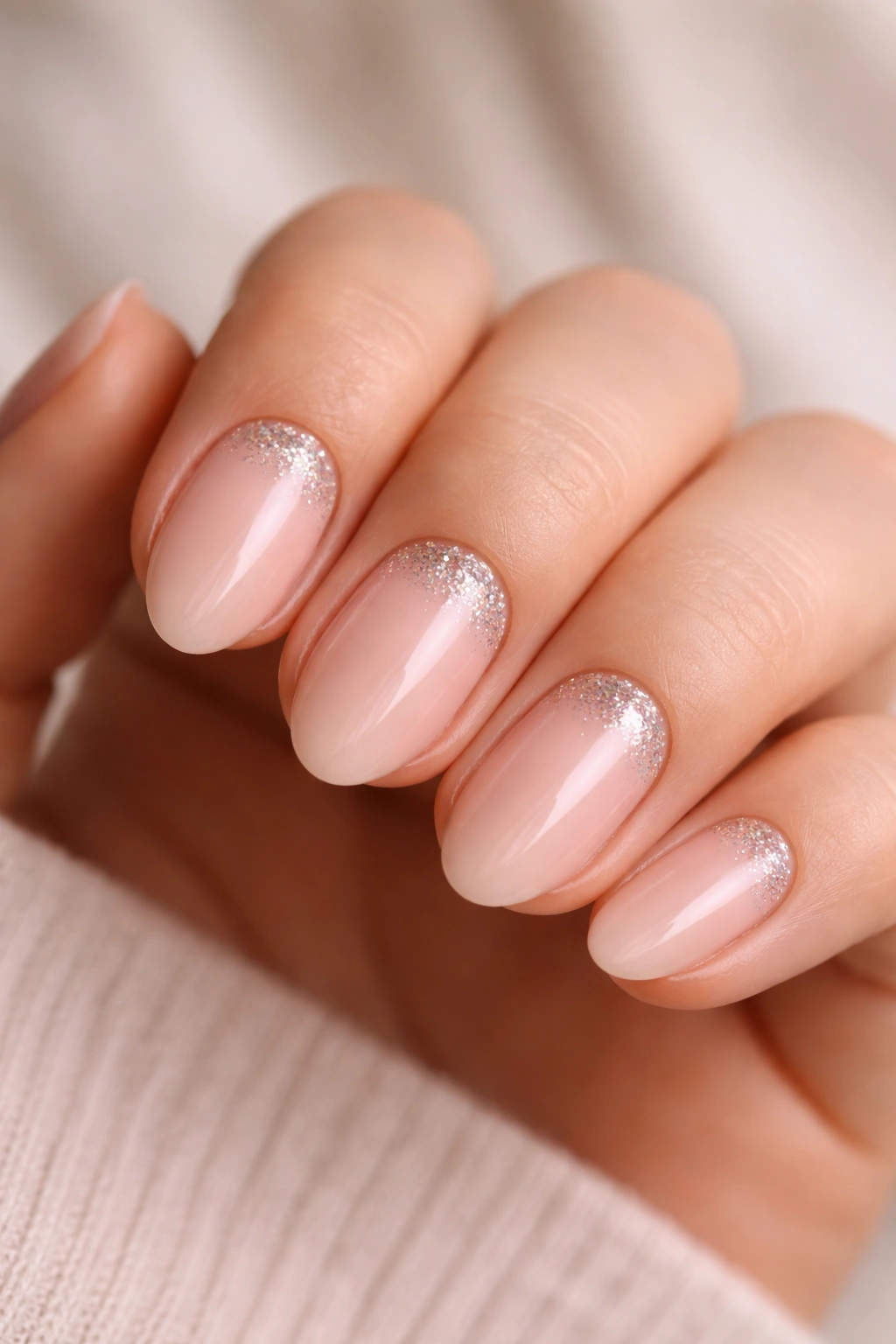 Close-up of nude almond nails with glitter cuticles forming a delicate crescent