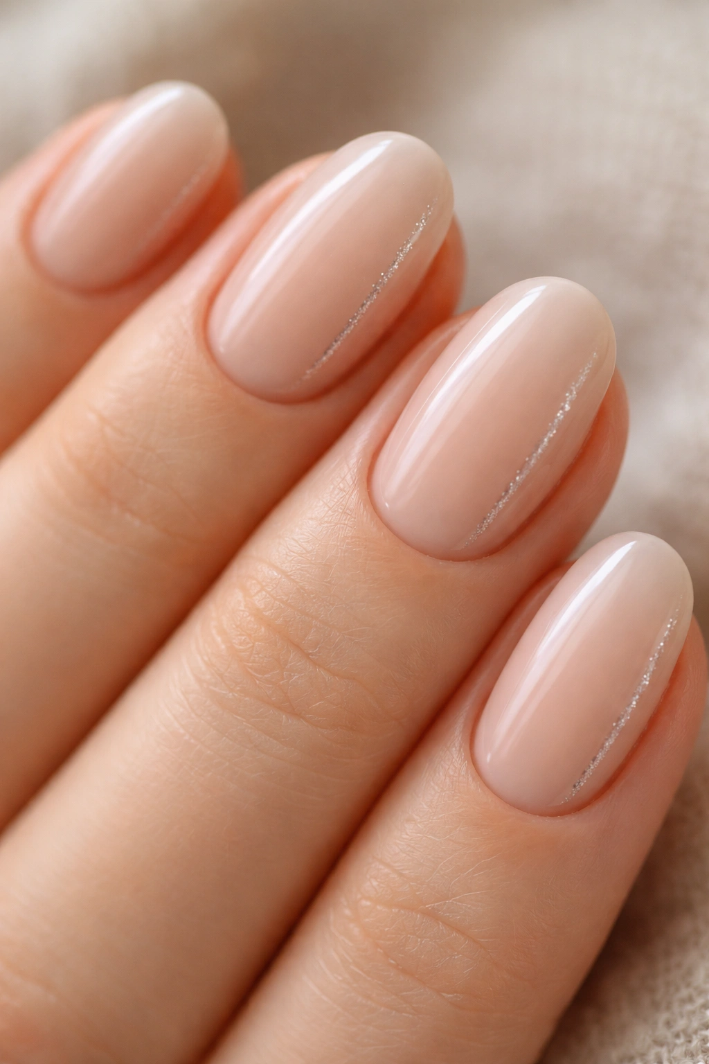 Close-up of nude short oval nails featuring a barely visible glitter stripe along one side.