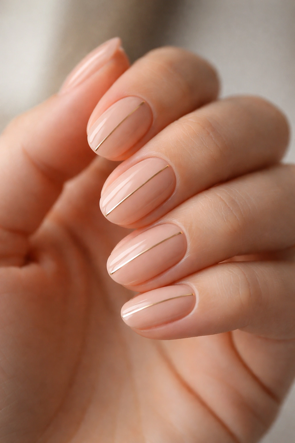 Nude short oval nails with ultrathin metallic stripe