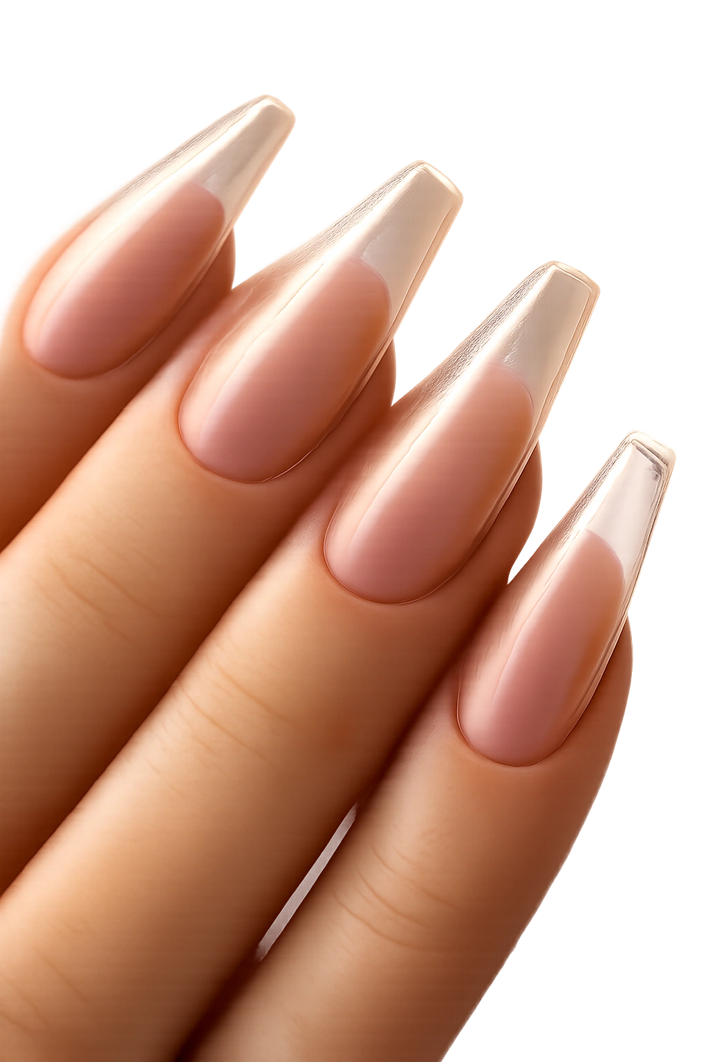 Close-up of nude sidewall frame nails on clear ballerina nails.