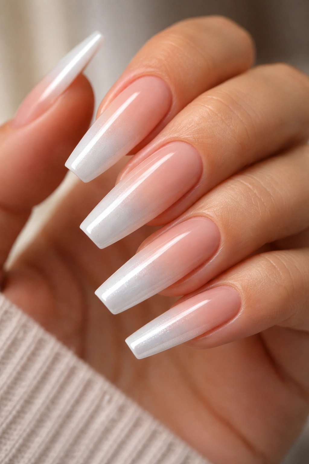 Close-up of long coffin nails with a nude-to-white-to-pearl ombré gradient, glossy manicure