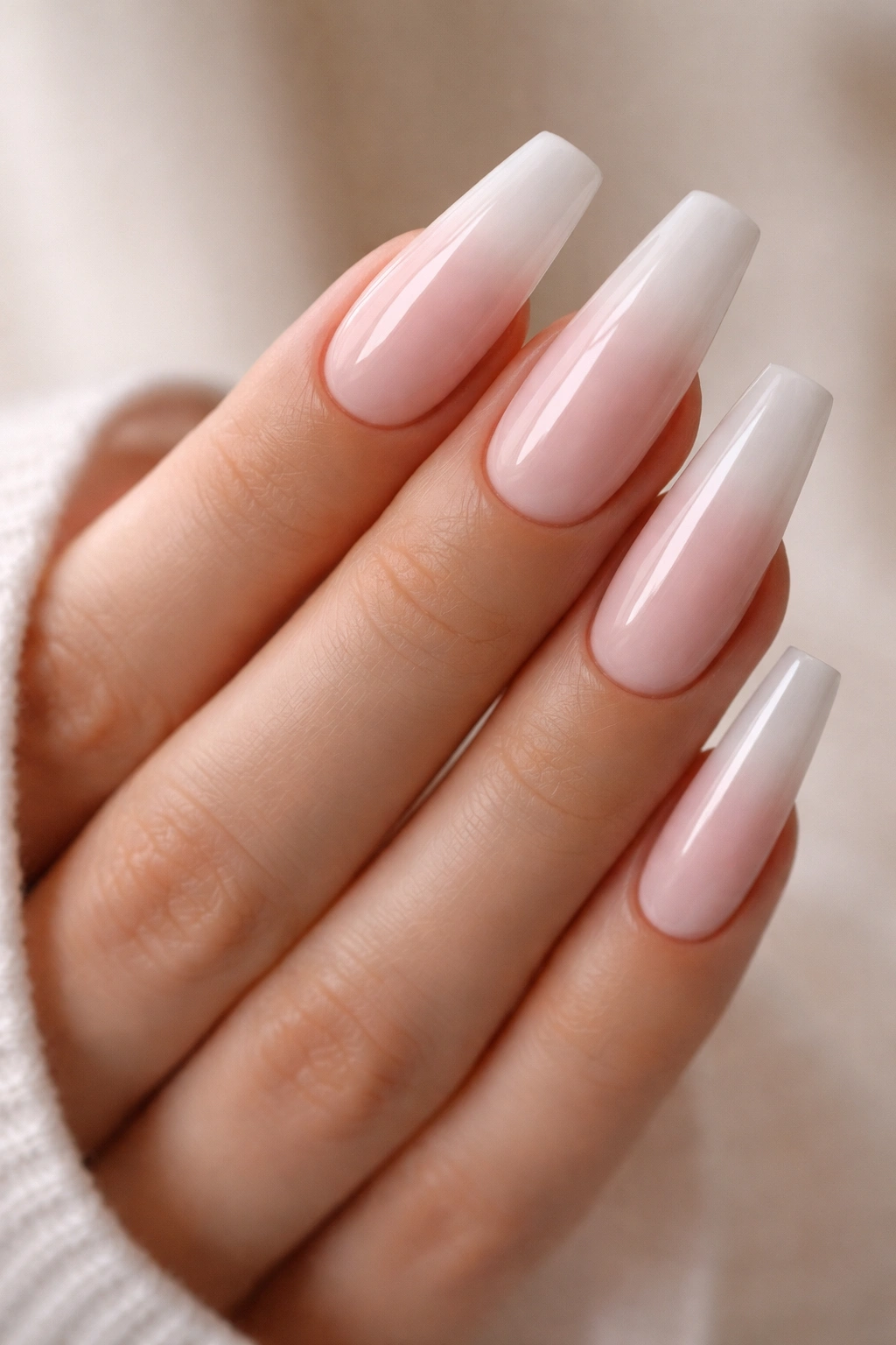 Soft pink to white ombré baby boomer long ballerina nails