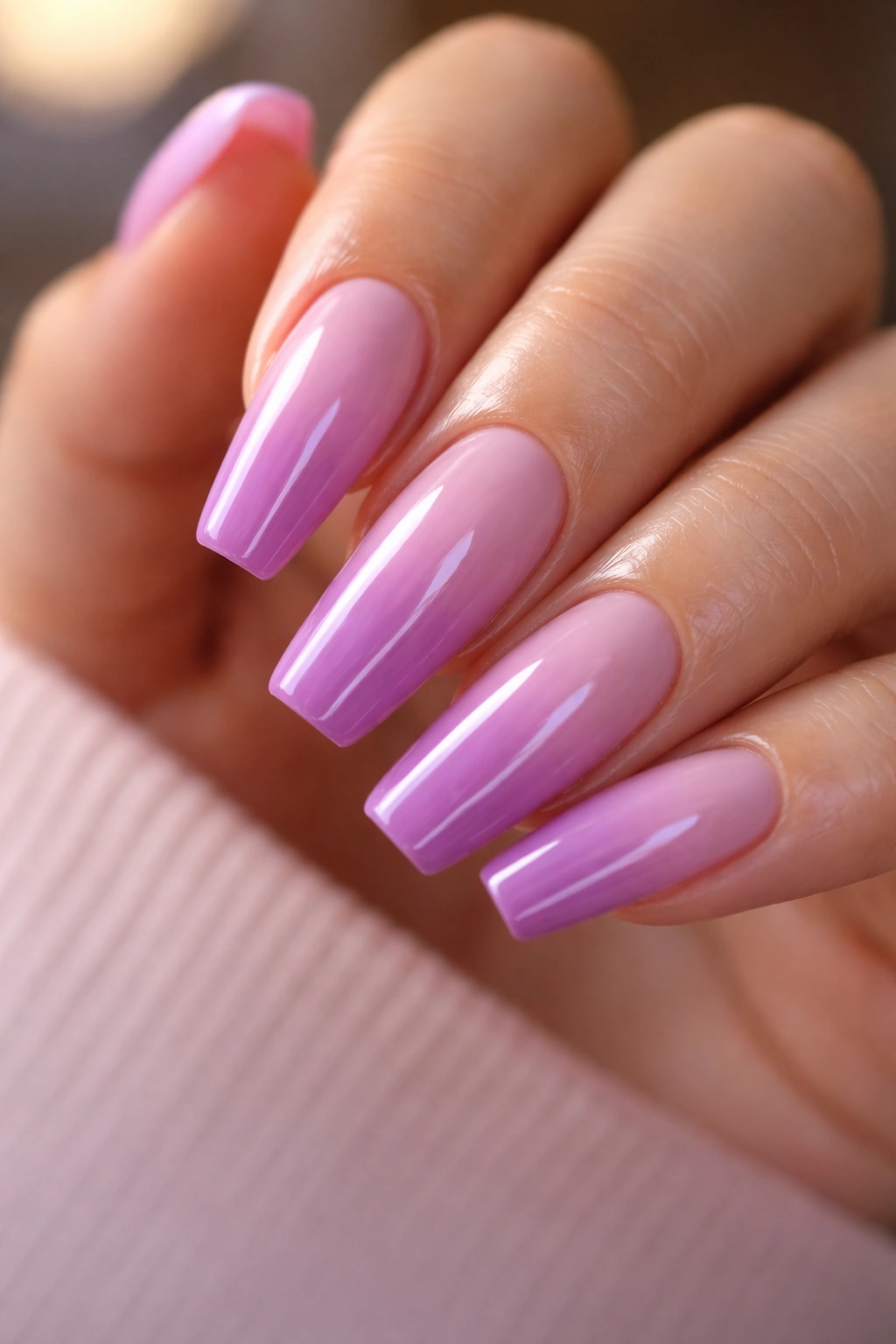 Orchid ombré on ballerina nails with glossy finish.