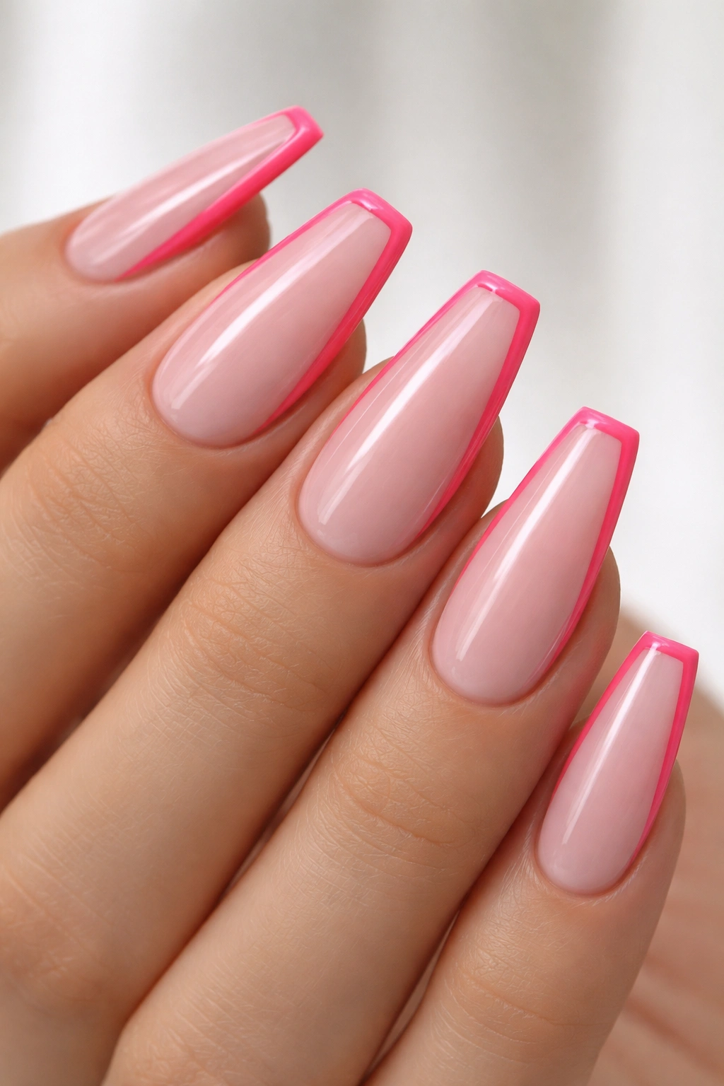 Close-up of hot pink outline French tips on elongated ballerina nails