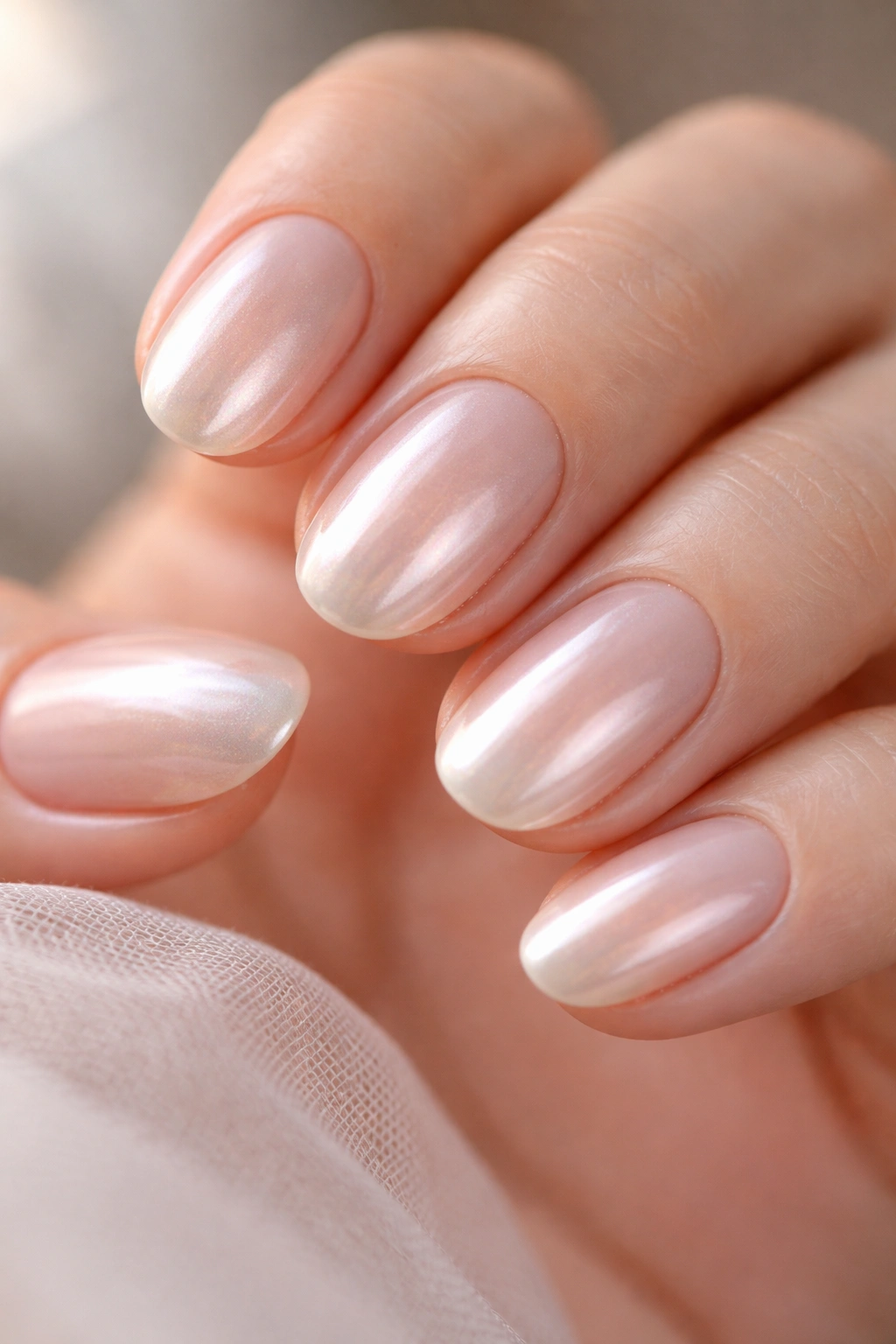 Close-up of short oval nails with pale blush chrome finish