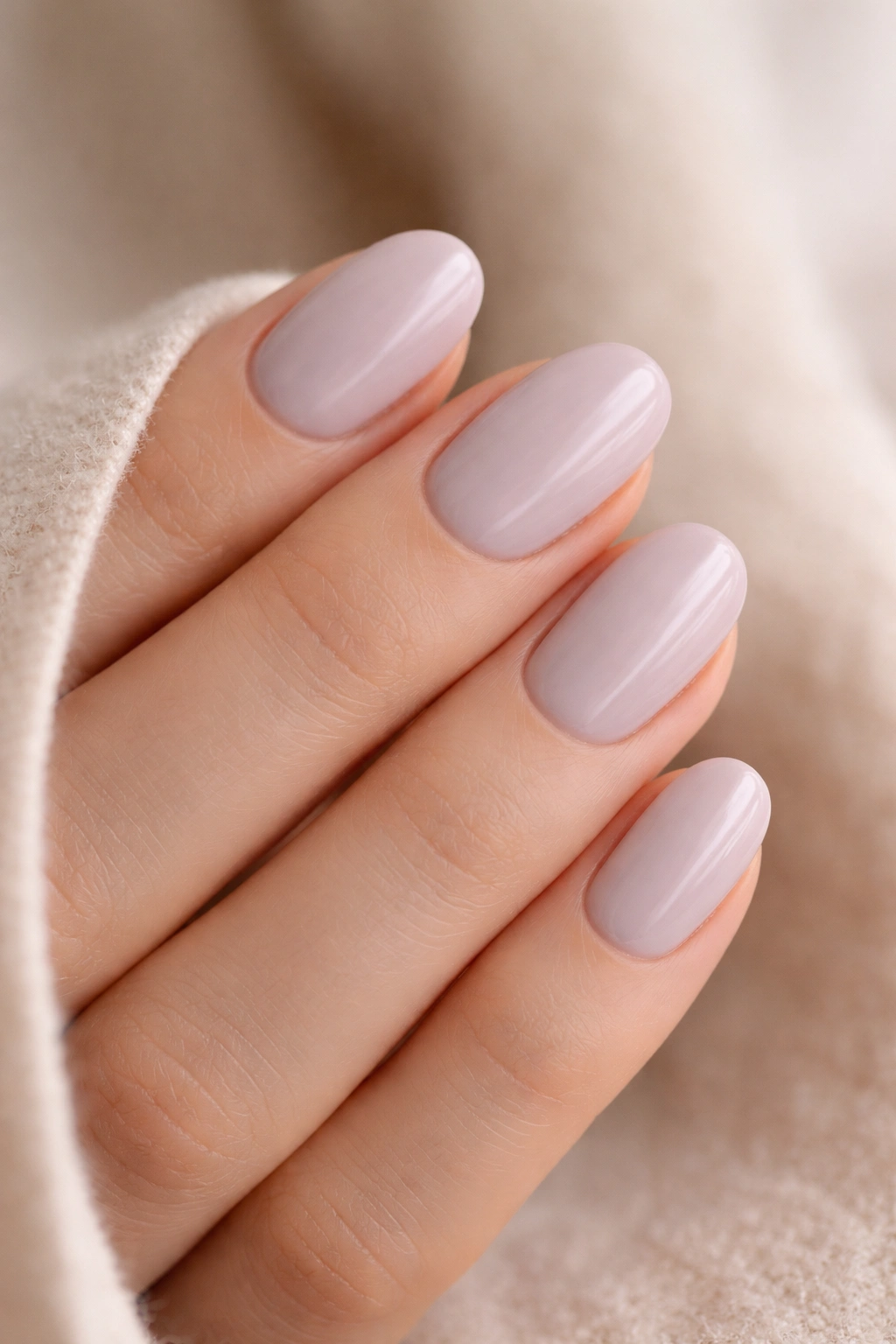 Close-up of pale lavender nude oval nails