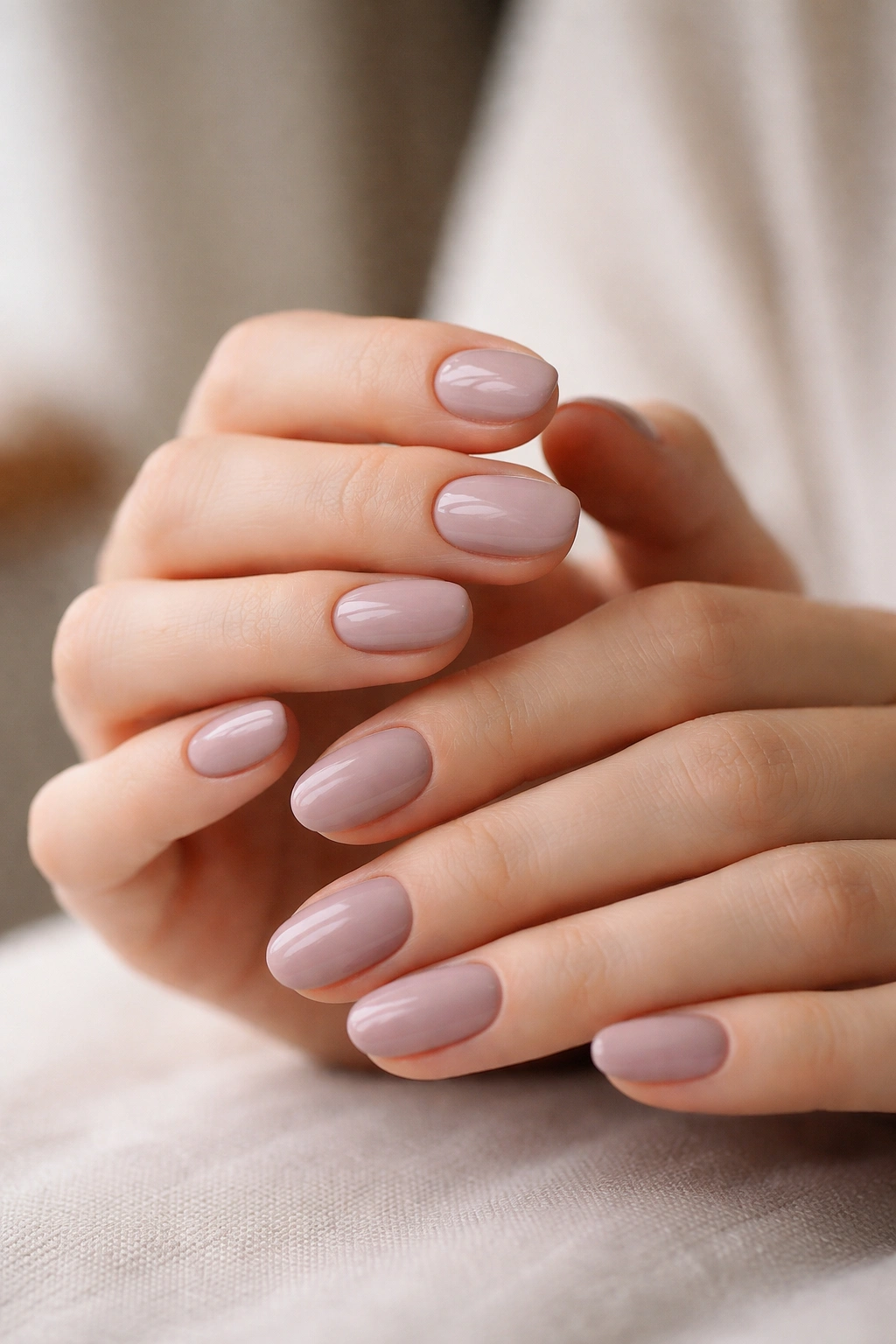 Pale mauve short oval nails with soft muted color