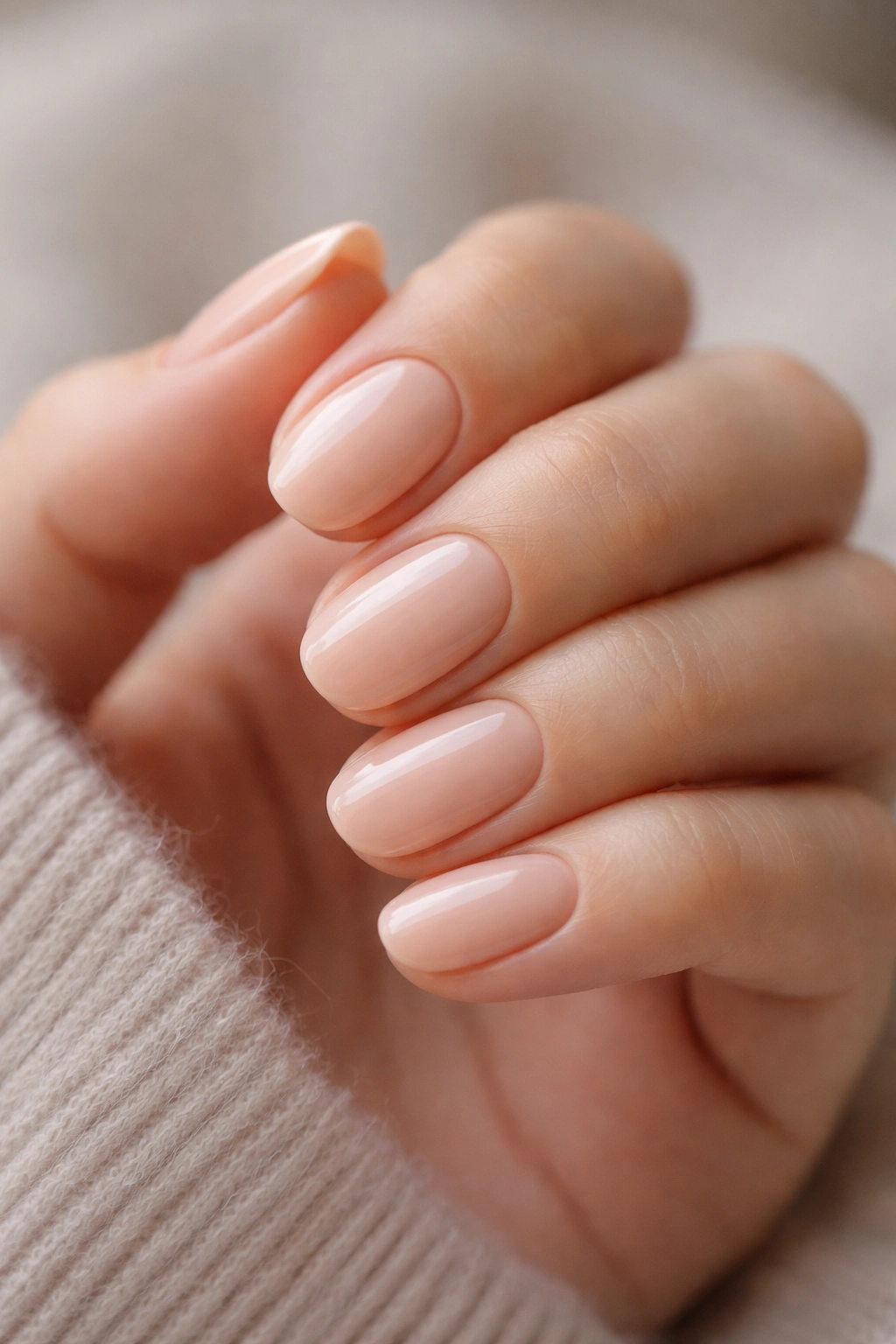 Close-up of pale peach short oval nails on a clean background.