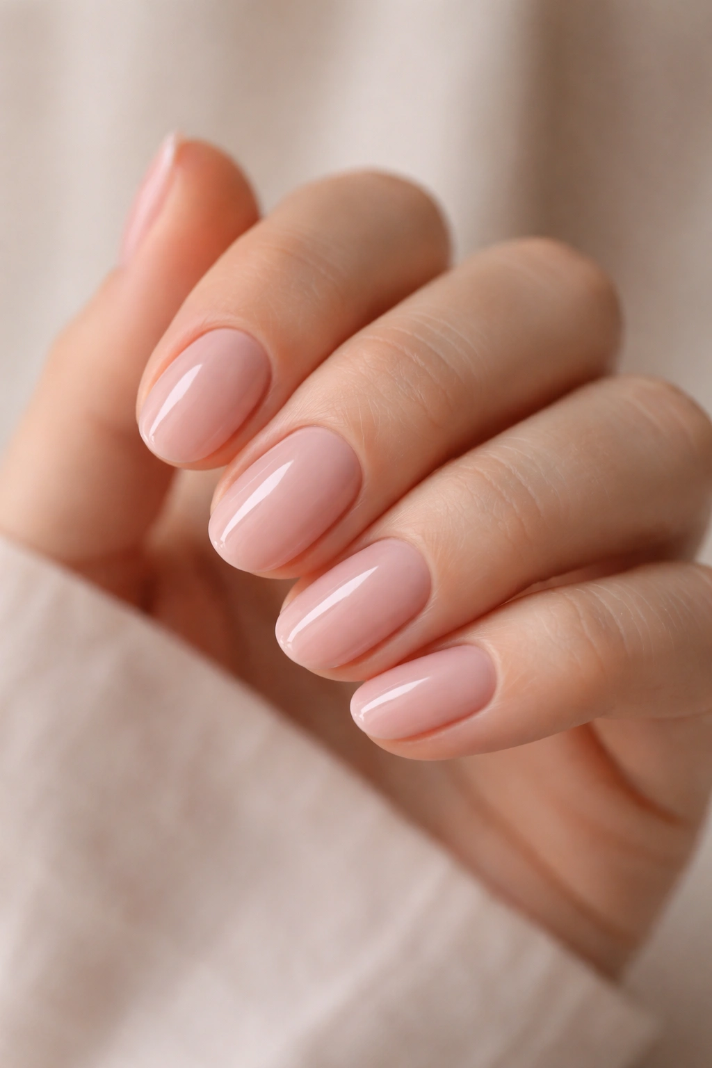 Close-up of pale rose oval nails with glossy finish