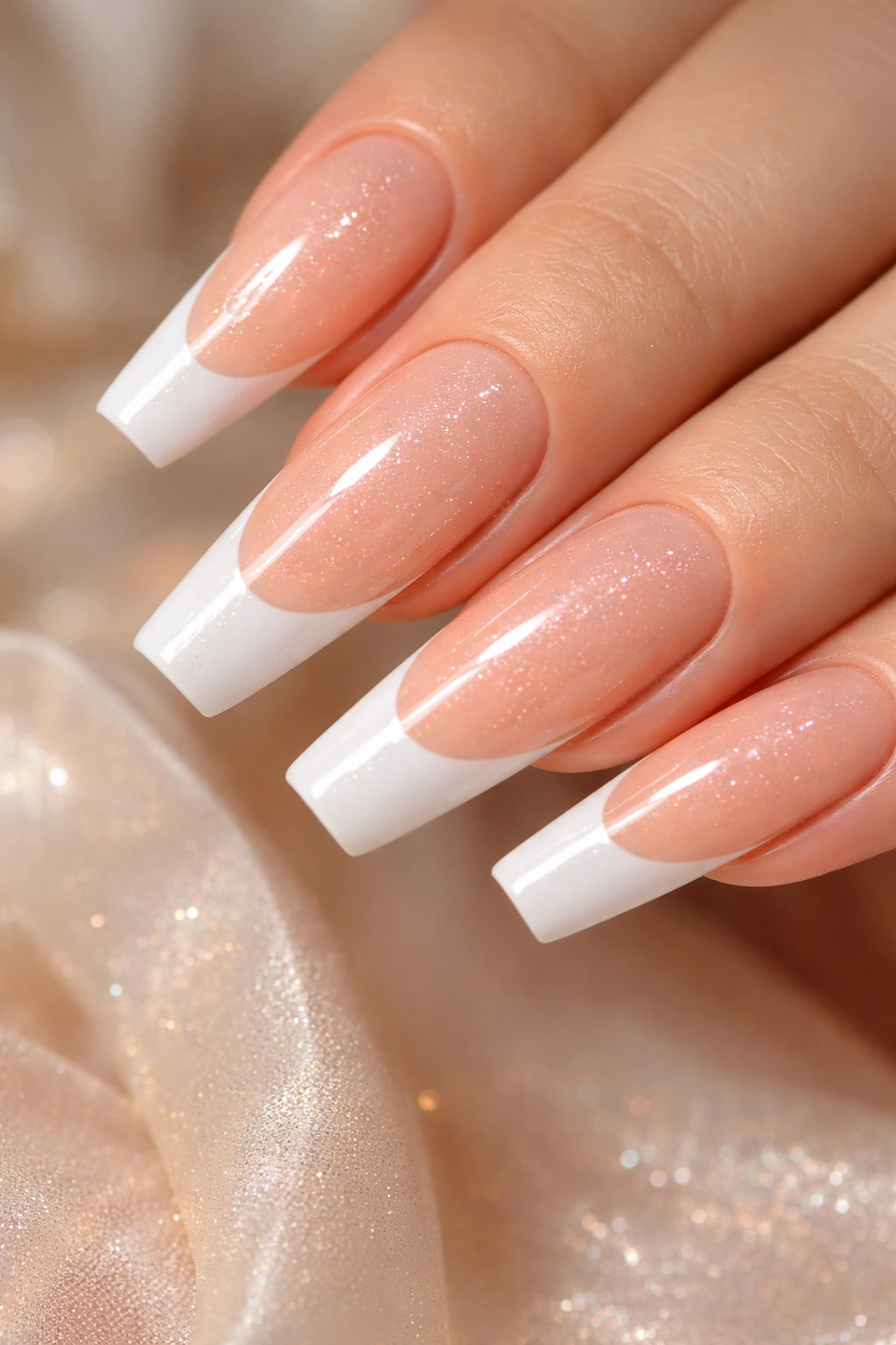 Close-up of peach-toned coffin nails with white tips and shimmer