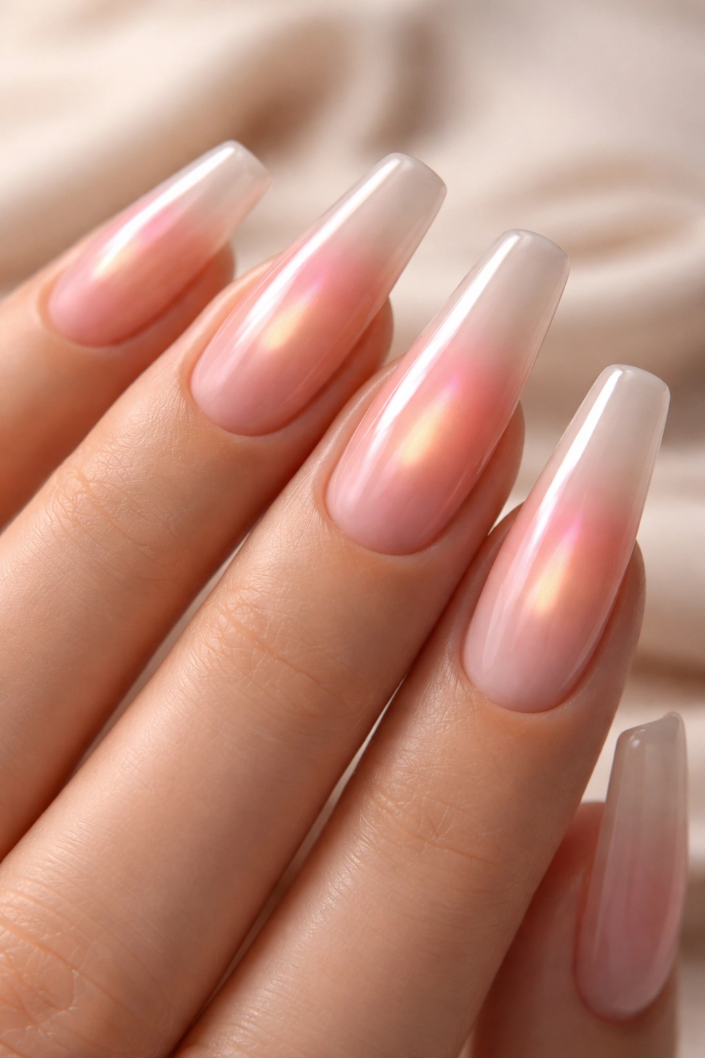 Close-up of long ballerina nails featuring peach-and-rose aura with soft center glow on a translucent pink-beige base