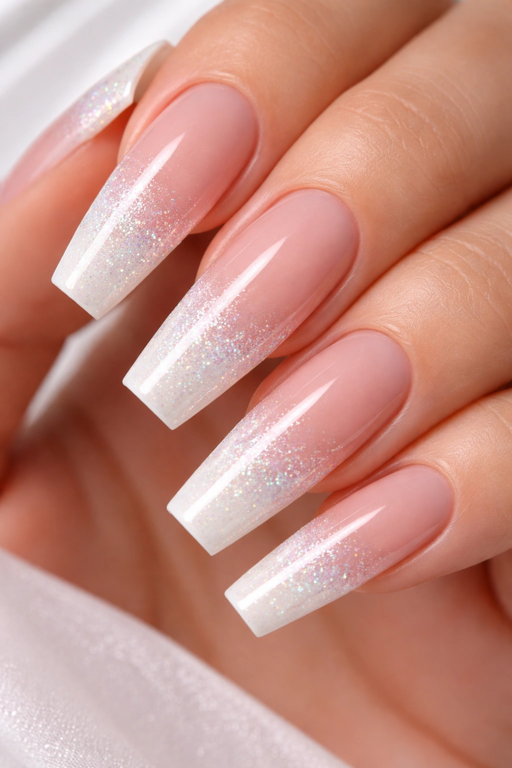 Close-up of coffin nails with nude base, white tips, pearl shimmer and fine glitter