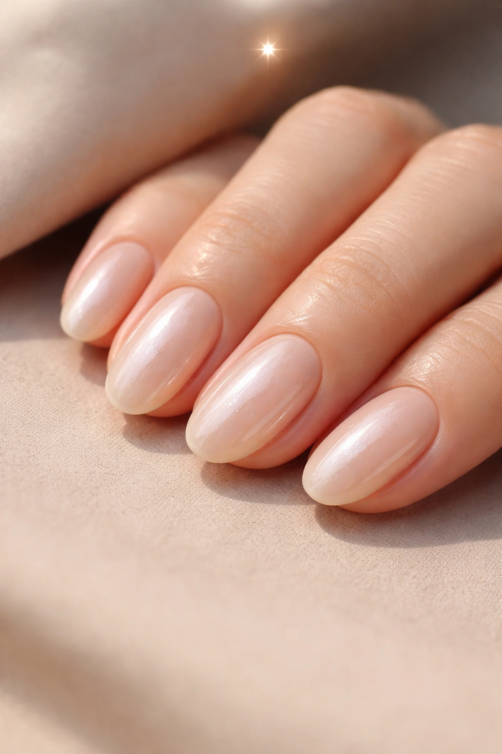 Close-up of short oval nails with almond-milk pearl finish on nude base
