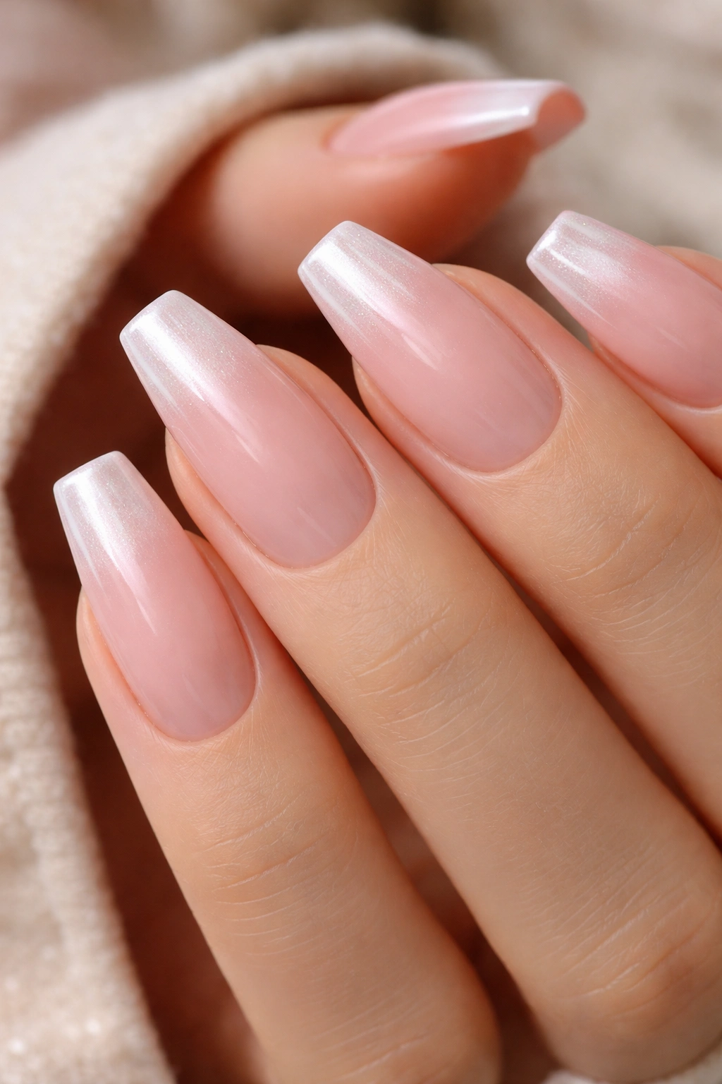 Close-up of satin-finish pearl pink French tips on ballerina nails