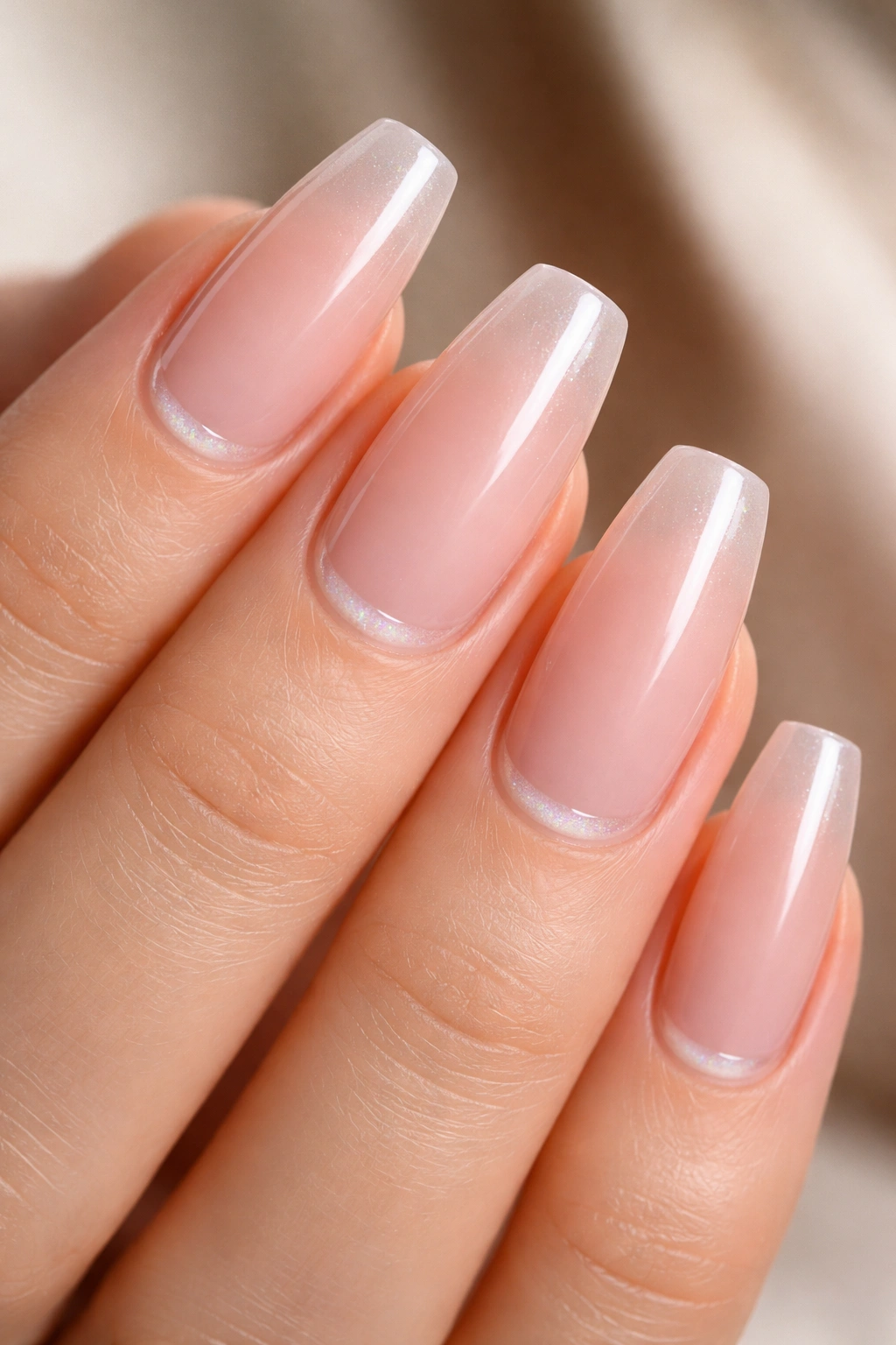 Medium-length nails with pearly cuticle half-moons on pink base