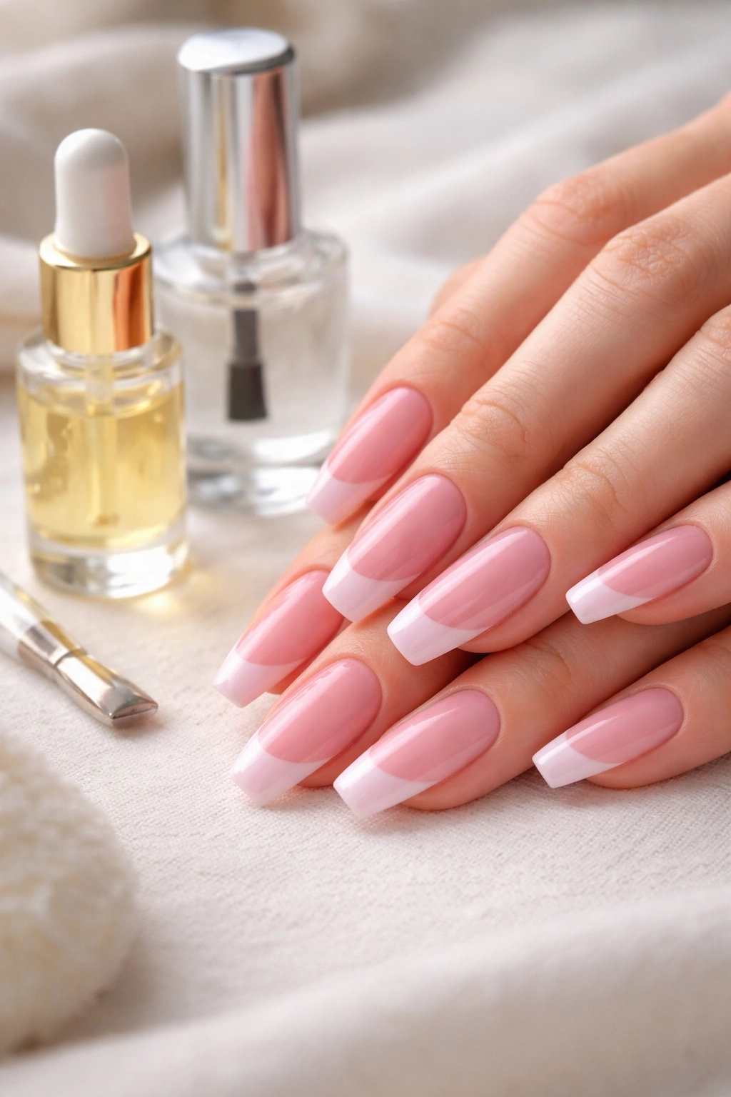 Manicure maintenance scene with pink French tips and top coat and cuticle oil