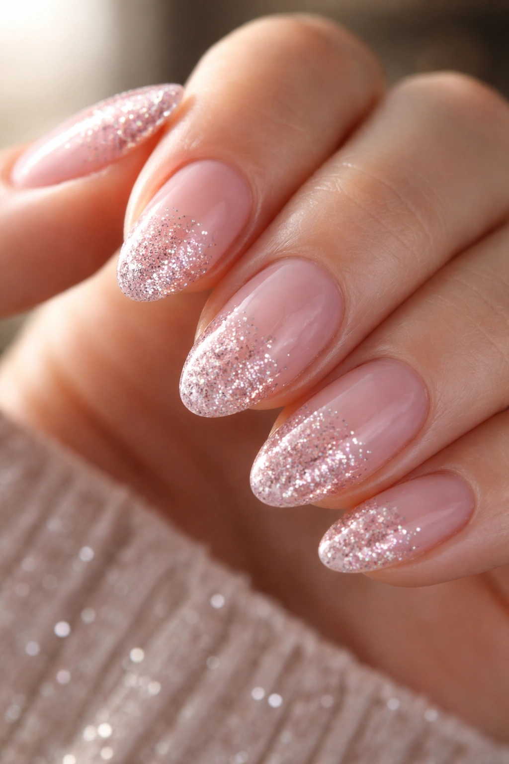 Close-up of pink glitter ombré on short almond nails