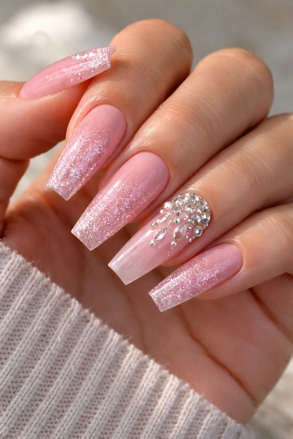 Close-up of pink glitter ombré nails with crystal drip tips