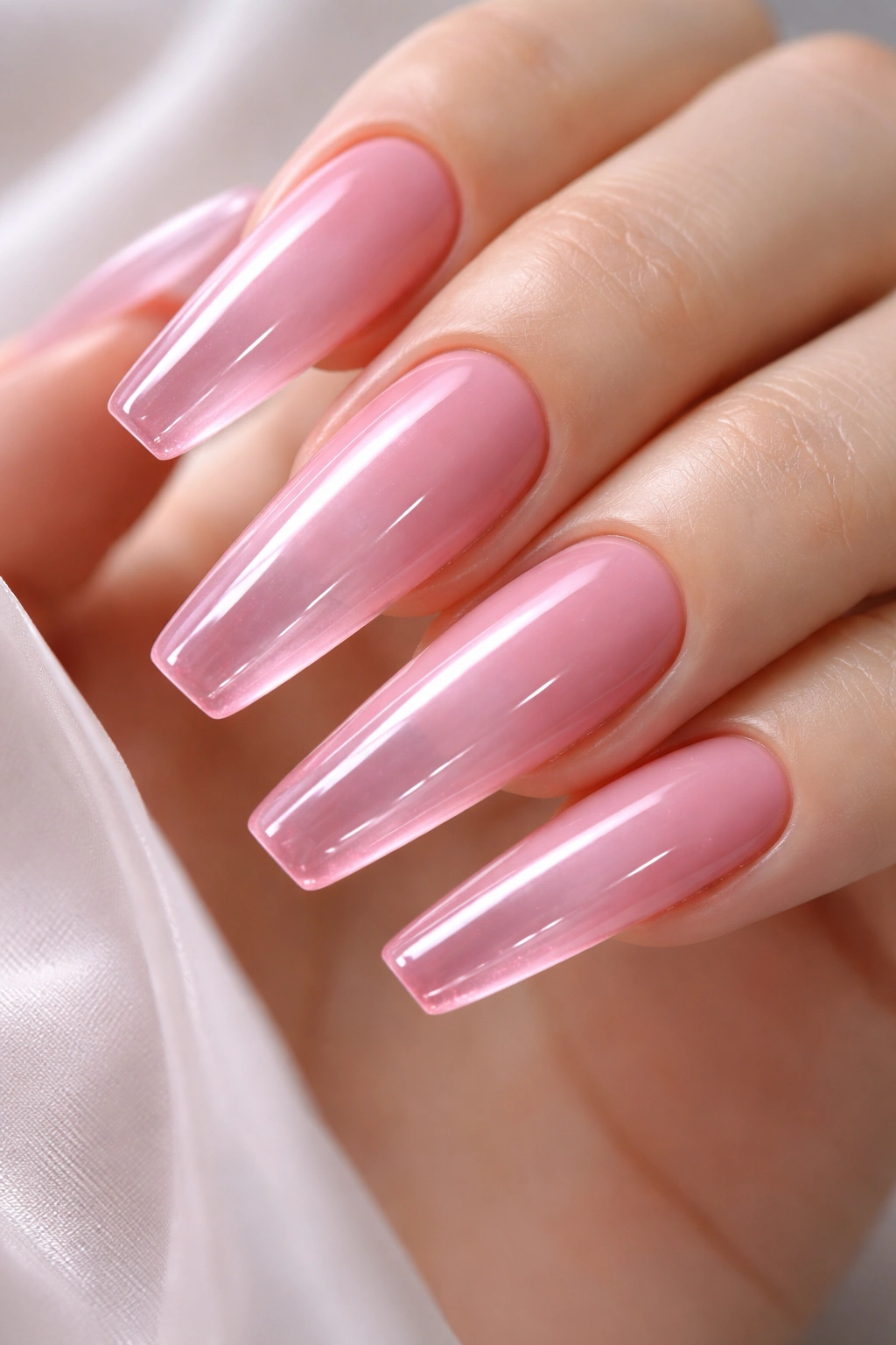 Close-up of cool rose jelly-tip nails on long ballerina nails with translucent pink ends