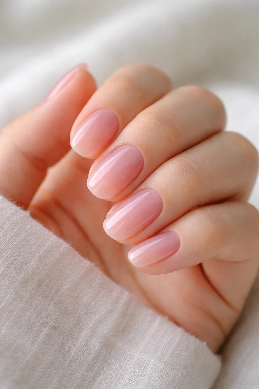 Close-up of translucent pink jelly nails on short oval nails with glassy finish