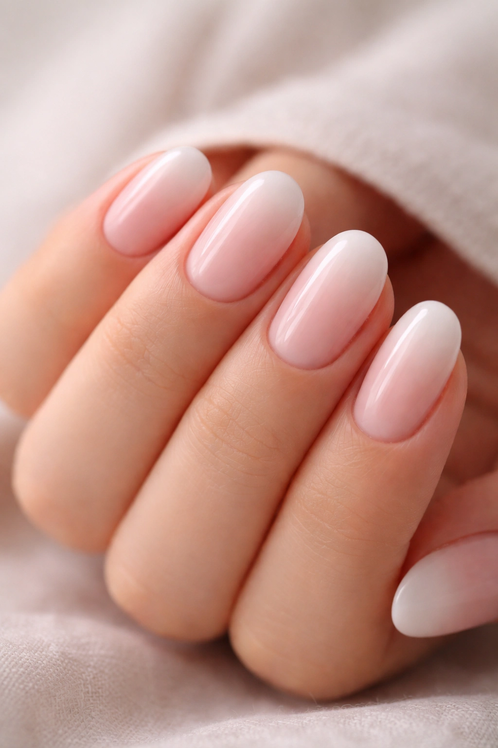 Close-up of short oval nails with pink to white gradient baby boomer fade