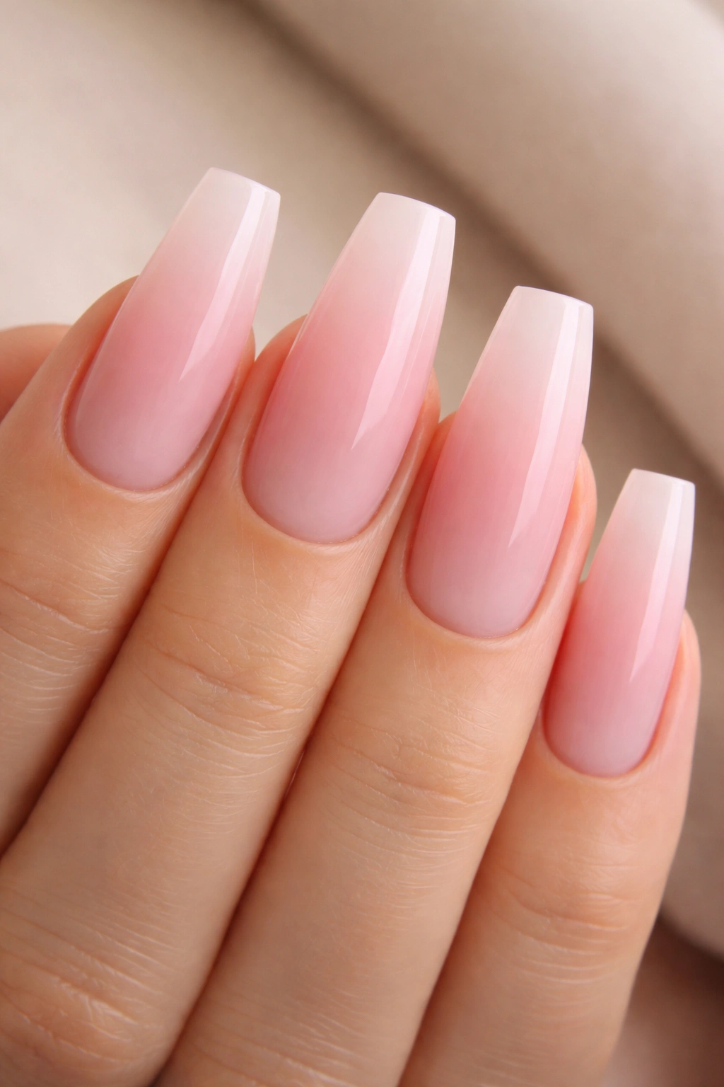 Close-up of pink ombre on ballerina nails showing soft gradient and square tip
