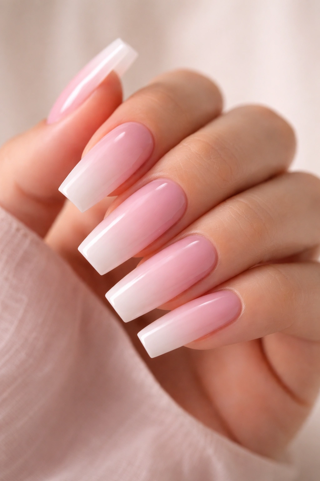 Close-up of pink ombre ballerina nails on a hand with a glossy fade