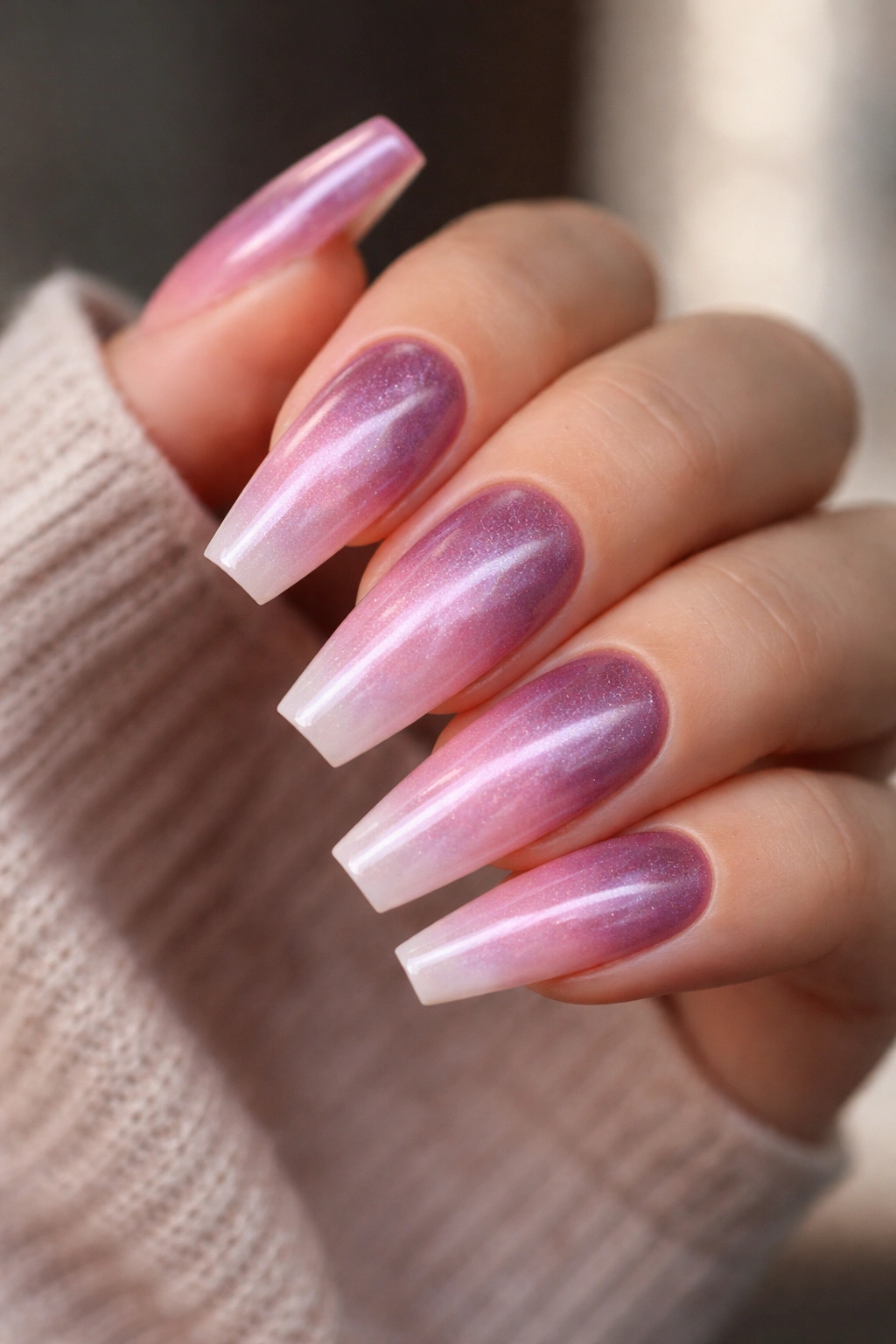 Close-up of nails with pink ombre and velvet cat-eye shimmer