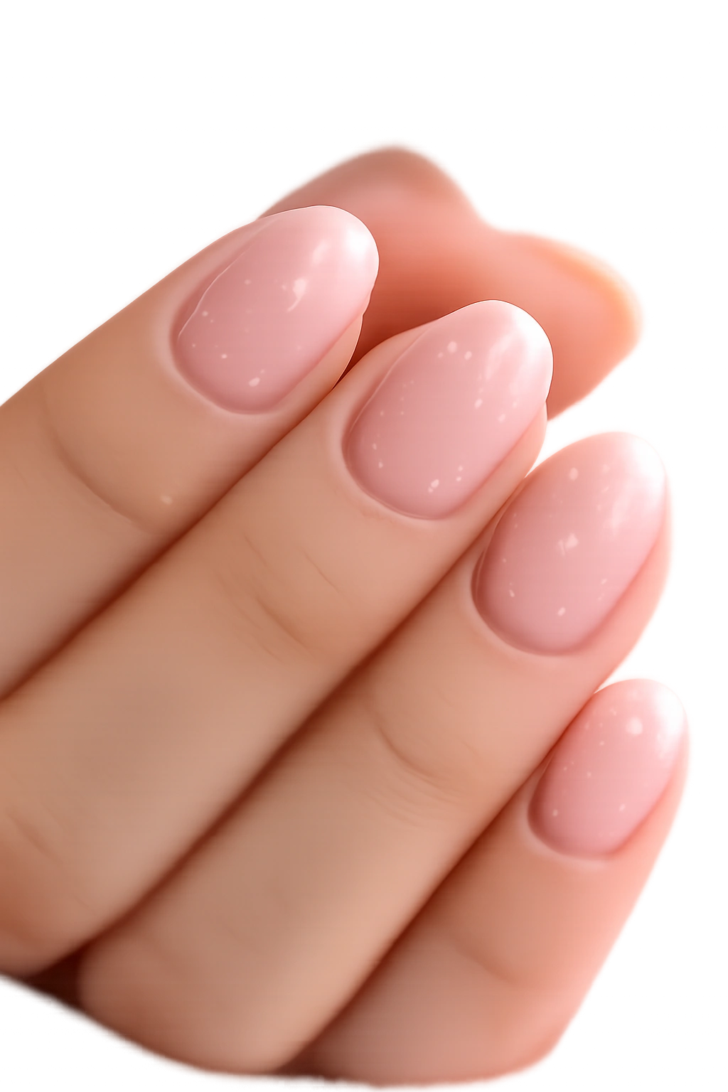 Close-up of translucent pink nails with tiny white dots on short ovals