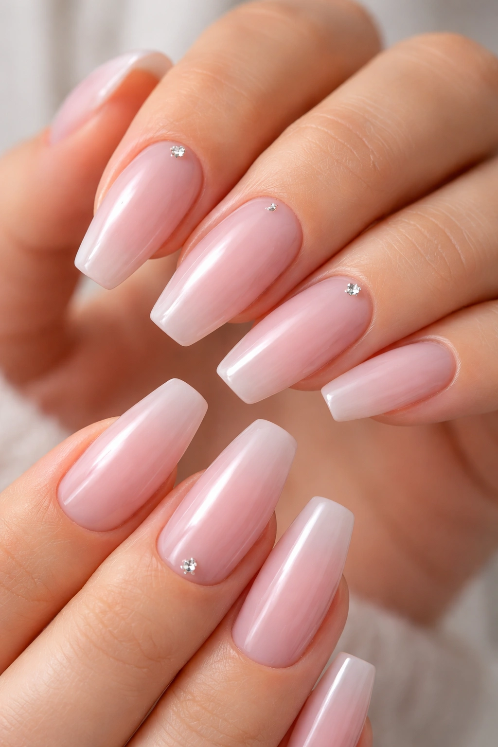 Nails with pink yogurt tint and a tiny crystal near cuticle on one or two nails.