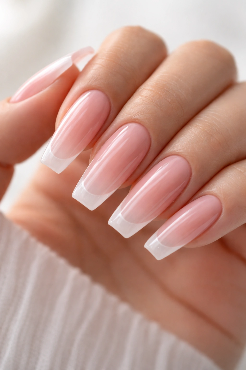 Nails with sheer pink base and raised jelly edge on ballerina shape