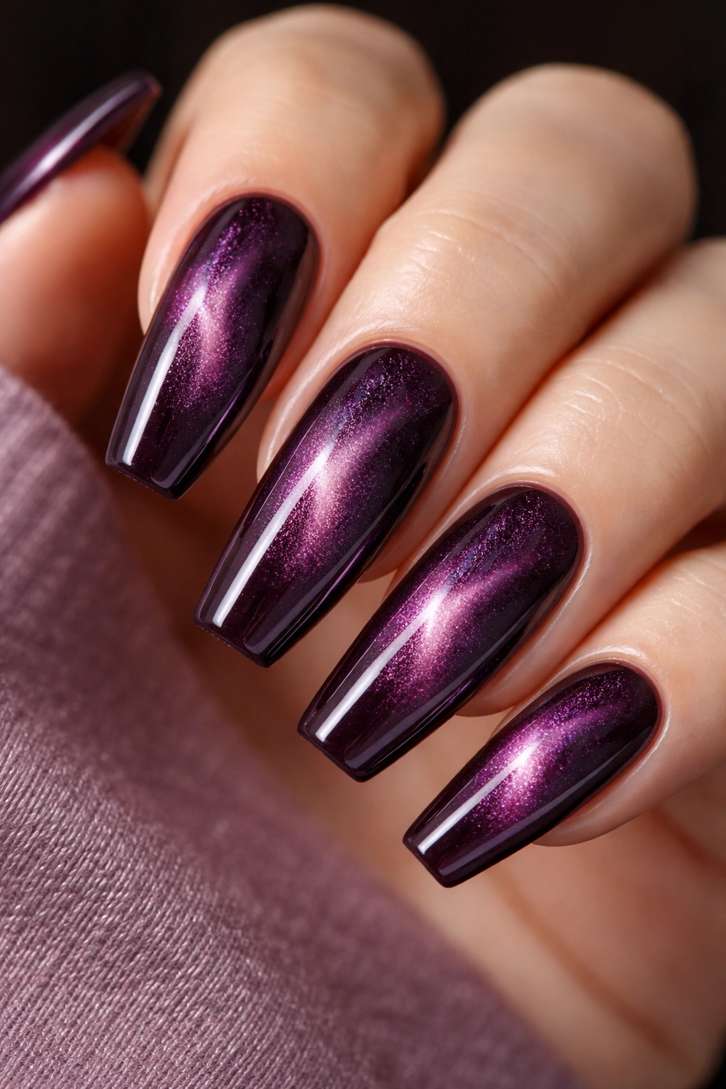 Close-up of rich plum velvet ballerina nails with magnetic shimmer