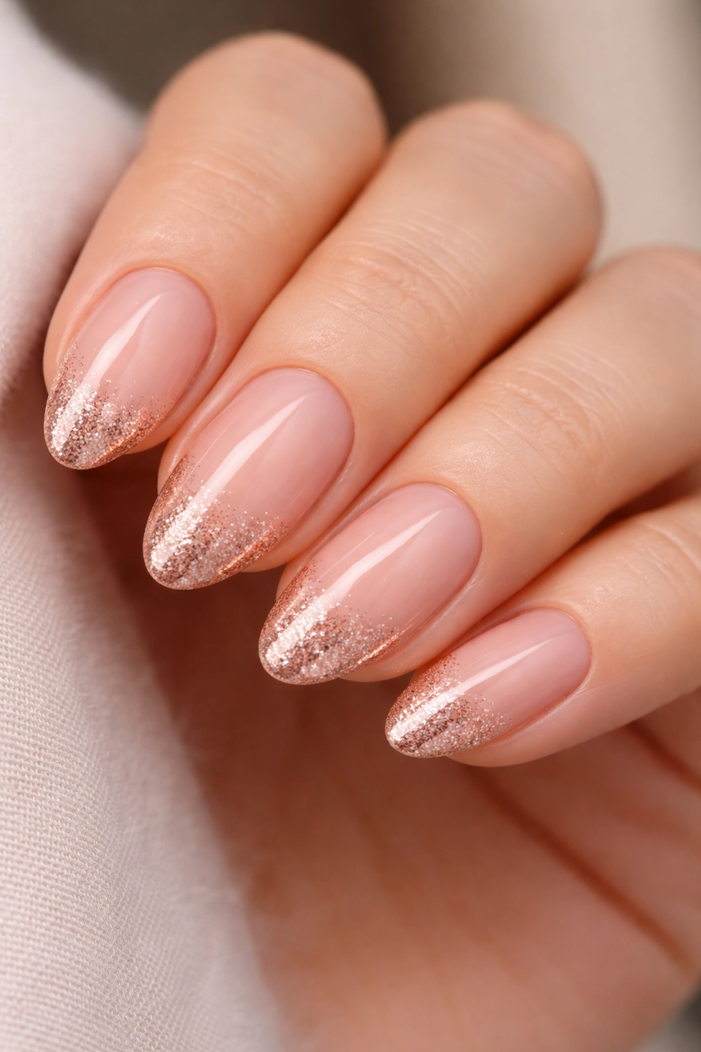Rose gold glitter French tips on short almond nails
