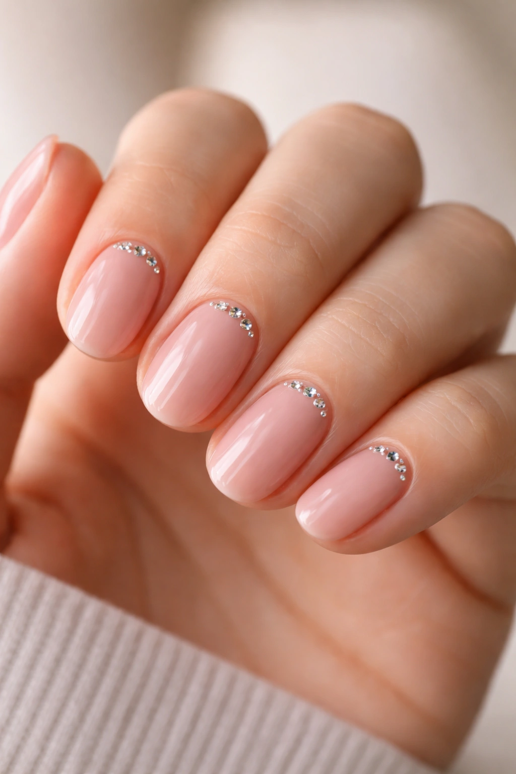 Rose nude short oval nails with tiny crystals near the cuticle