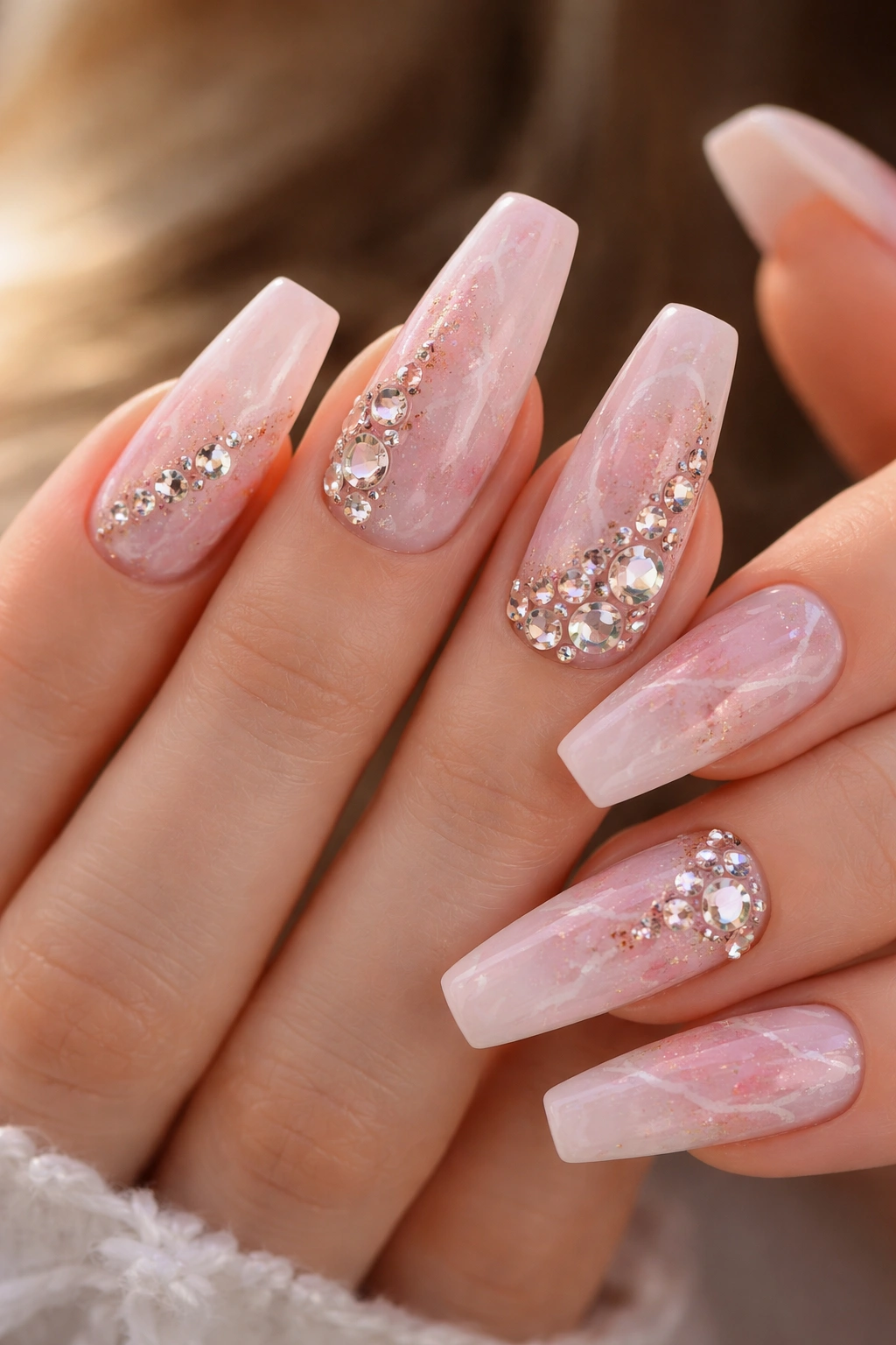 Close-up of rose quartz ballerina nails with mixed-size crystals