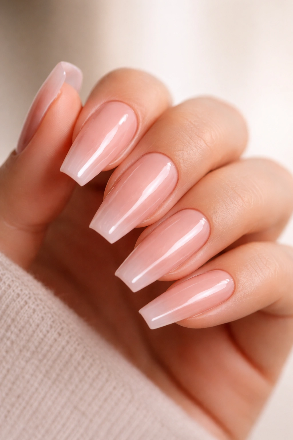 Rosewater sheer pink nails with high-gloss top coat