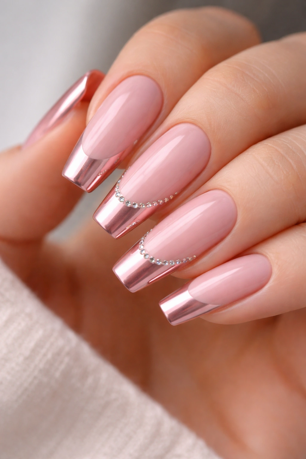 Nails with pink base and rosy chrome French tips with rhinestone smile line on two nails.