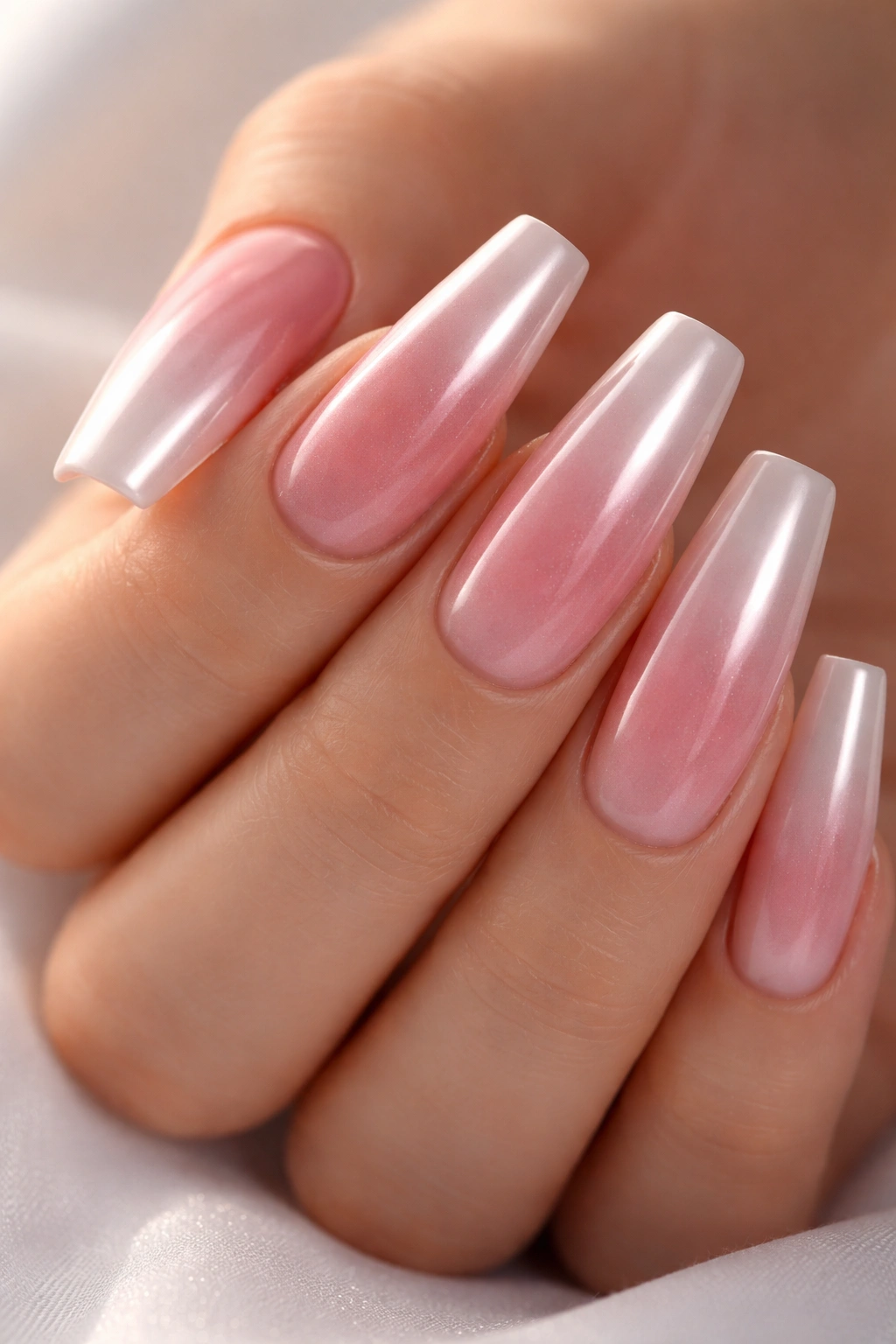 Rosy pink ombre on ballerina nails with glazed chrome finish