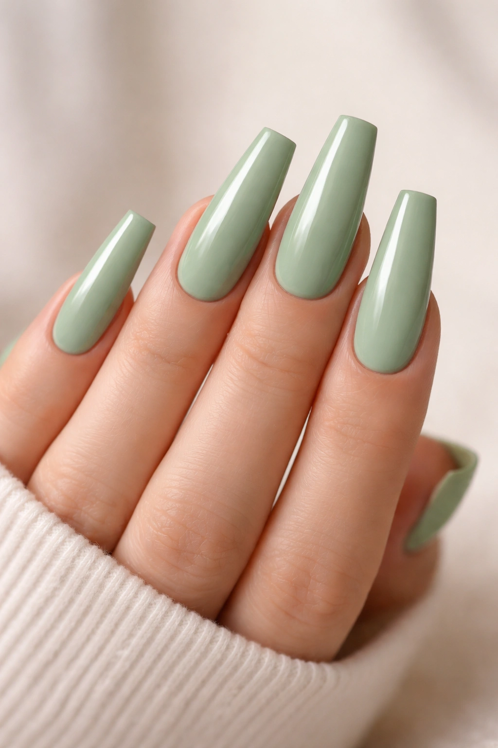 Sage green cream nails on long ballerina shape with solid color