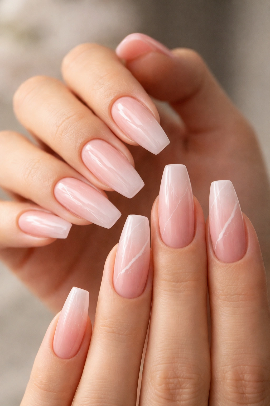 Semi-sheer pink nails with fine white marble veins on two accent nails.