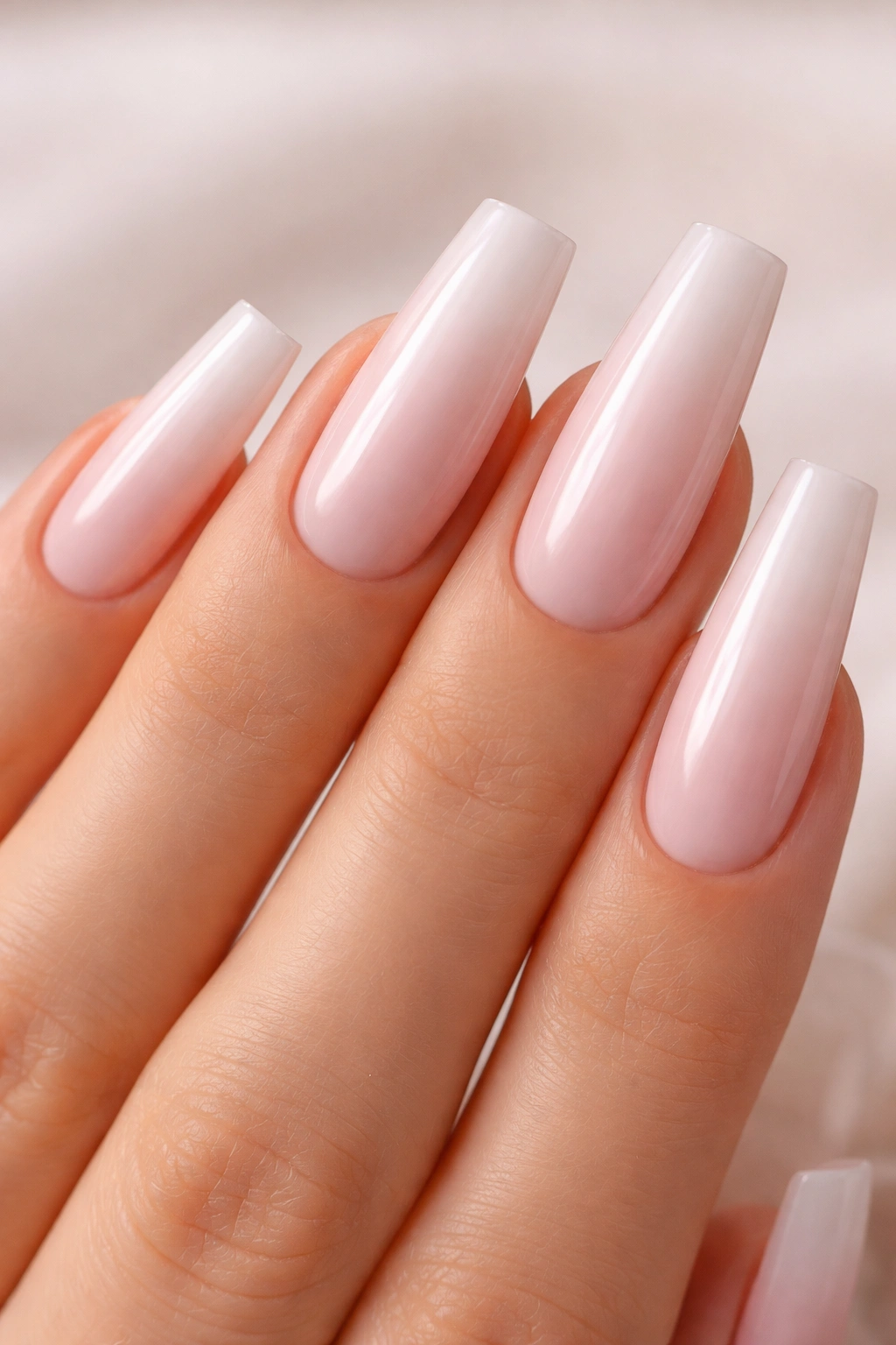 Close-up of nails with sheer ballet pink base and white center glow