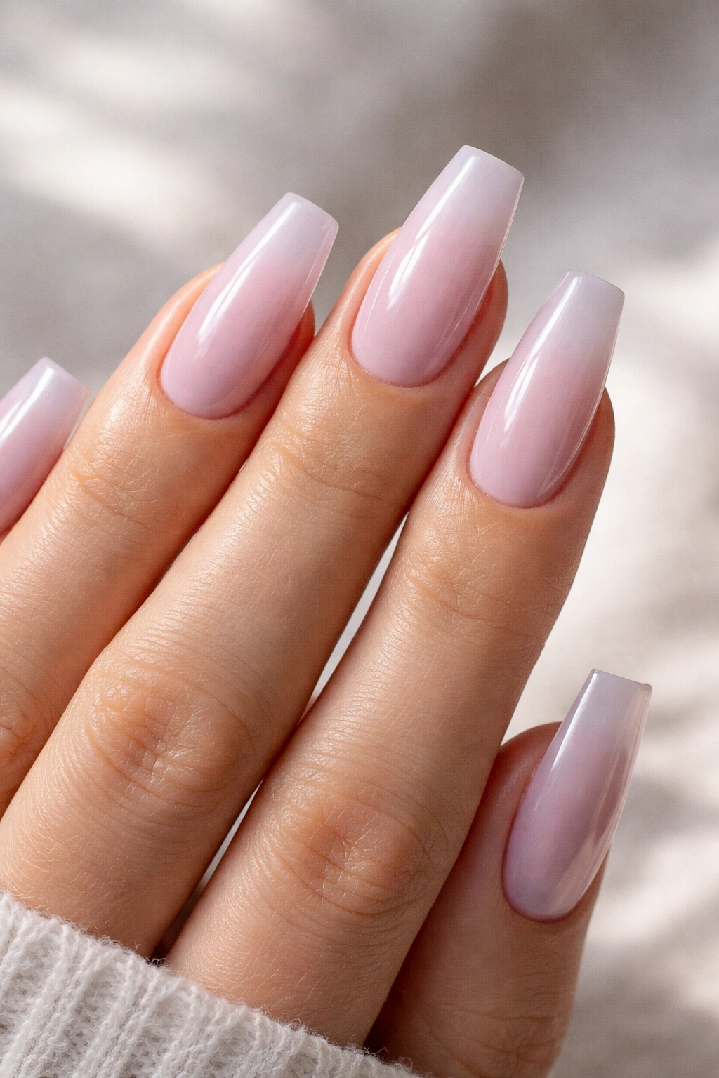 Hand with sheer lilac milk nails on a ballerina shape.