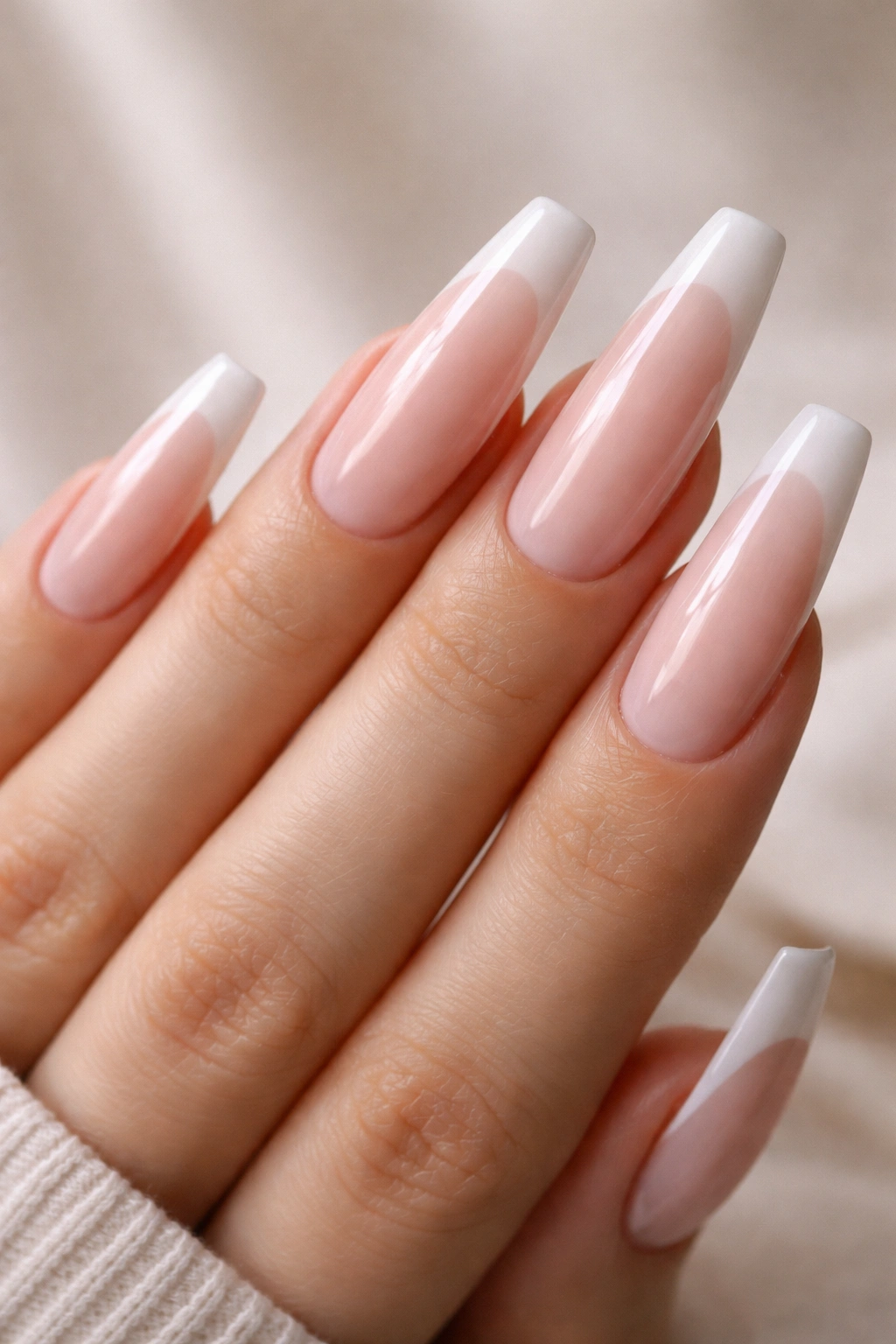 Long ballerina nails with sheer milky pink base and crisp white tip