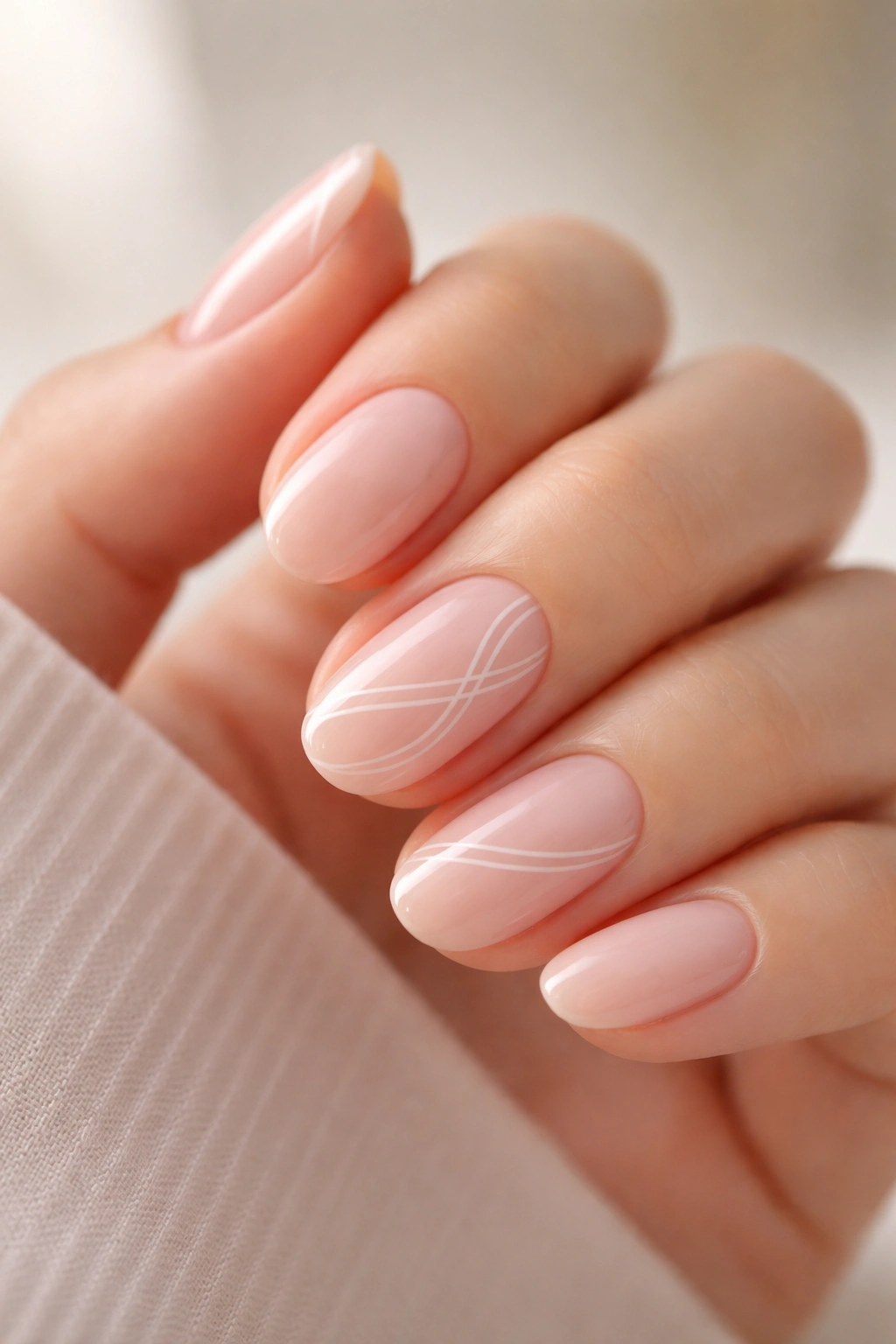 Sheer pink nails with white line art on short ovals