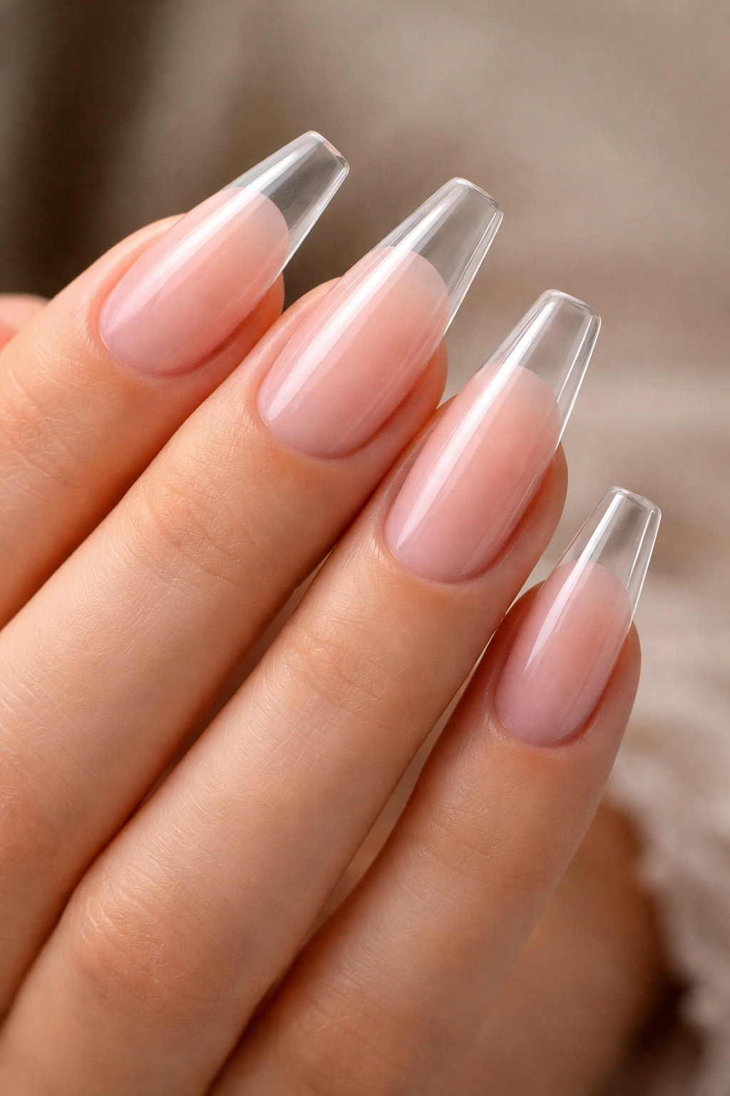 Sheer pink base with transparent tips on a clear, minimal manicure.