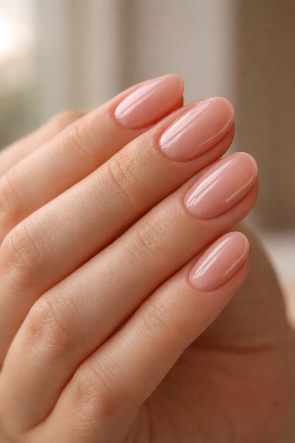 Close-up of short oval nails with sheer pink jelly polish on natural hand